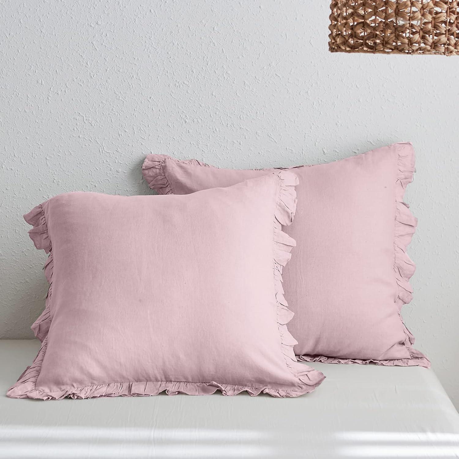 Pink French Linen Euro Shams with Ruffles, 26'' x 26'' - Set of 2