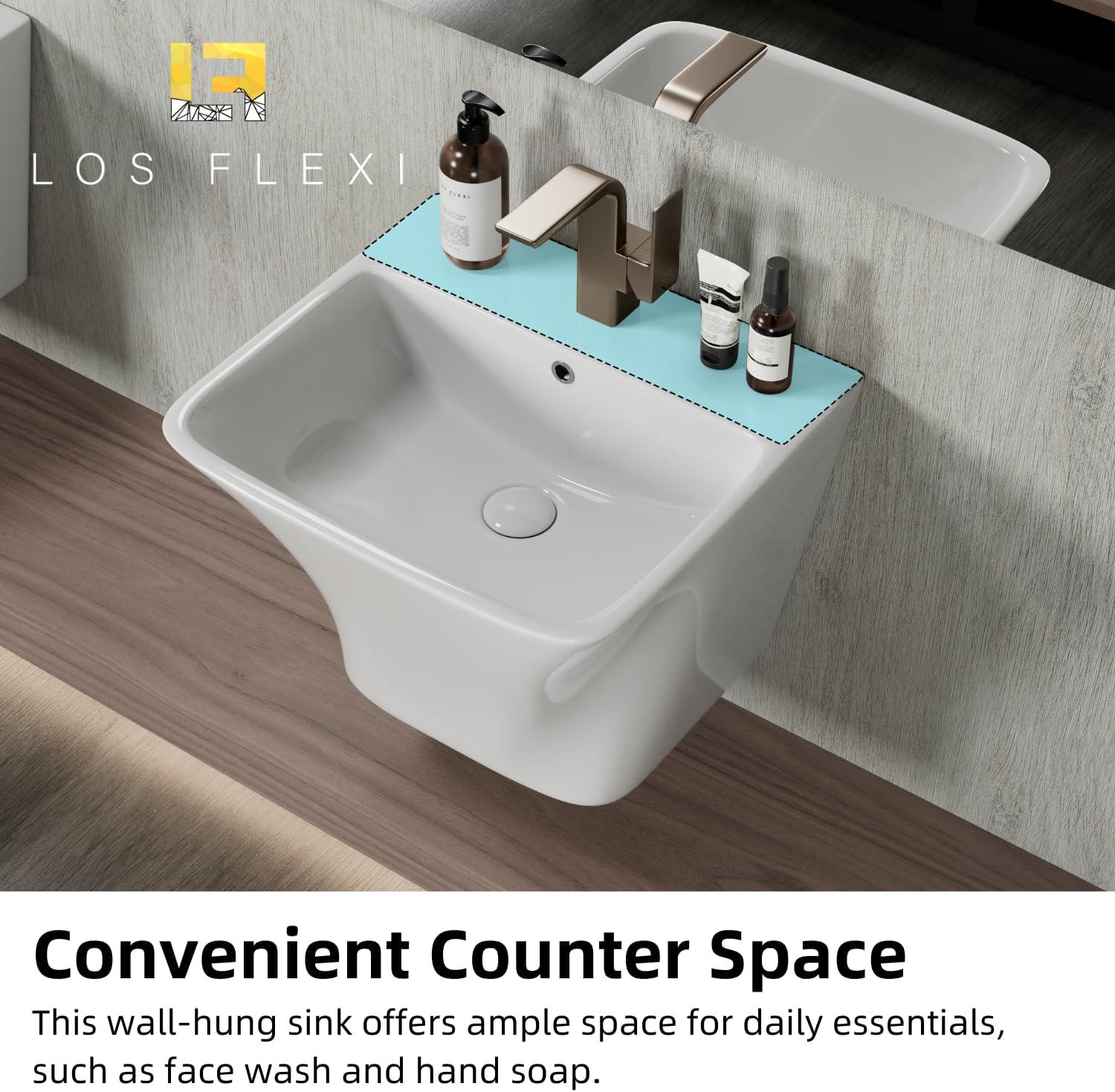 Los Flexi Wall Mount Sink with Overflow, Modern Floating Bathroom Vessel Sink, Single Faucet Hole, Pop-up Drain Included