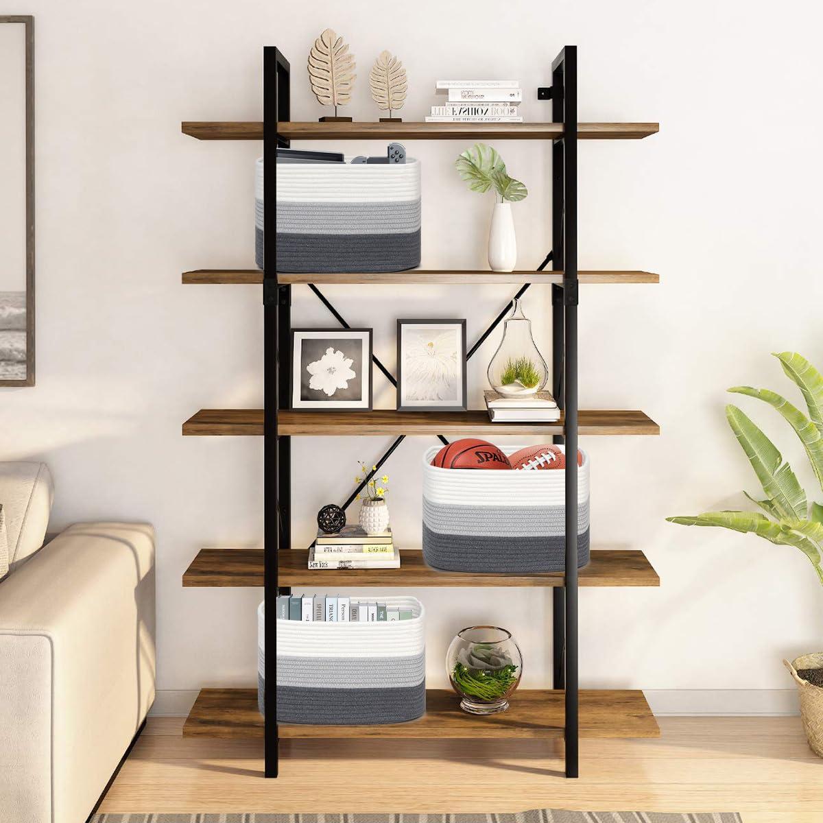 KOUROUU 3 Pack Cotton Rope Storage Basket Woven Shelf Storage Bin with Faux Leather Handles, Decorative Closet Shelf Woven Basket for Storage Organizers, 15 x 10 x 9, White/Gray