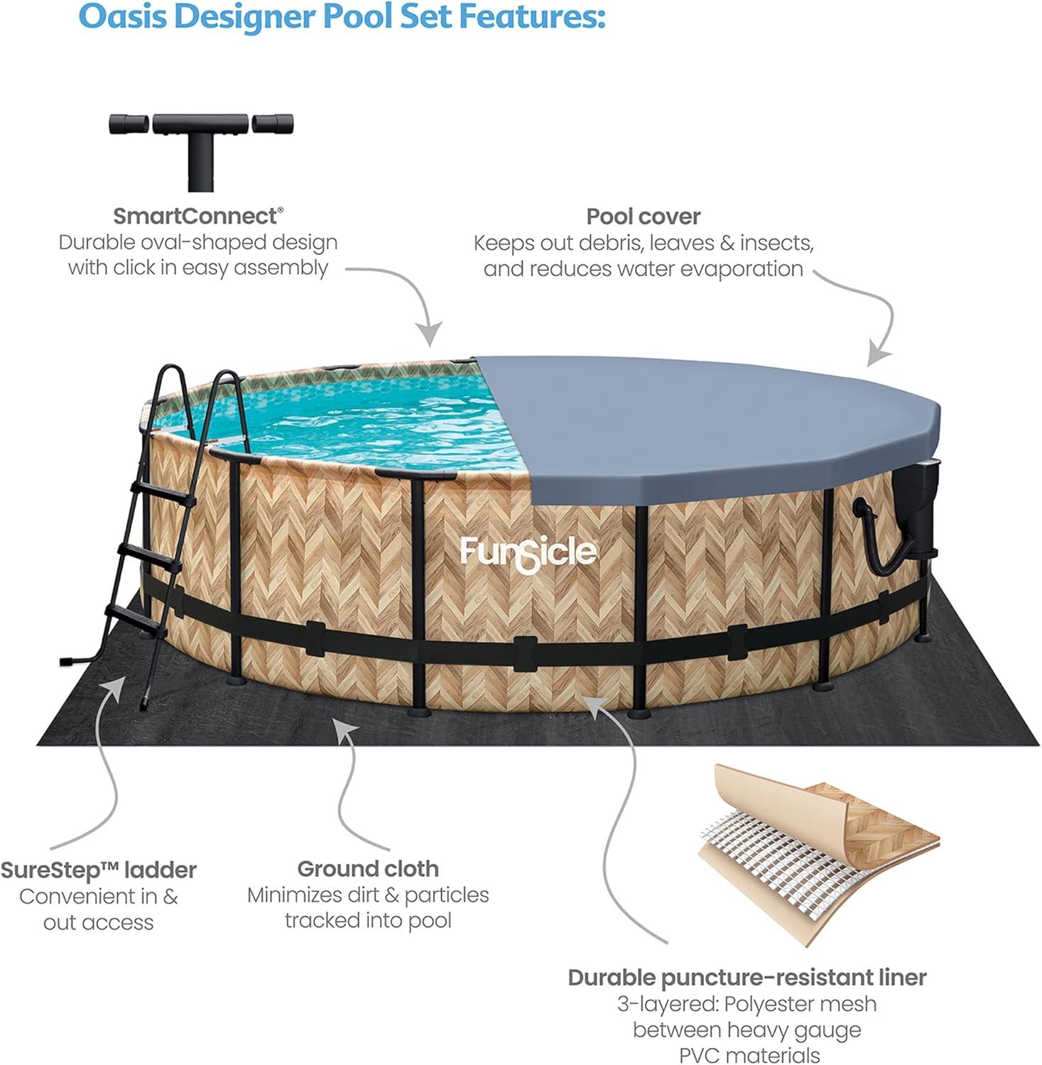 Funsicle 14ft x 42in Round Oasis Designer Above Ground Pool, Oak Herringbone with SkimmerPlus Filter Pump, Age 6 & up