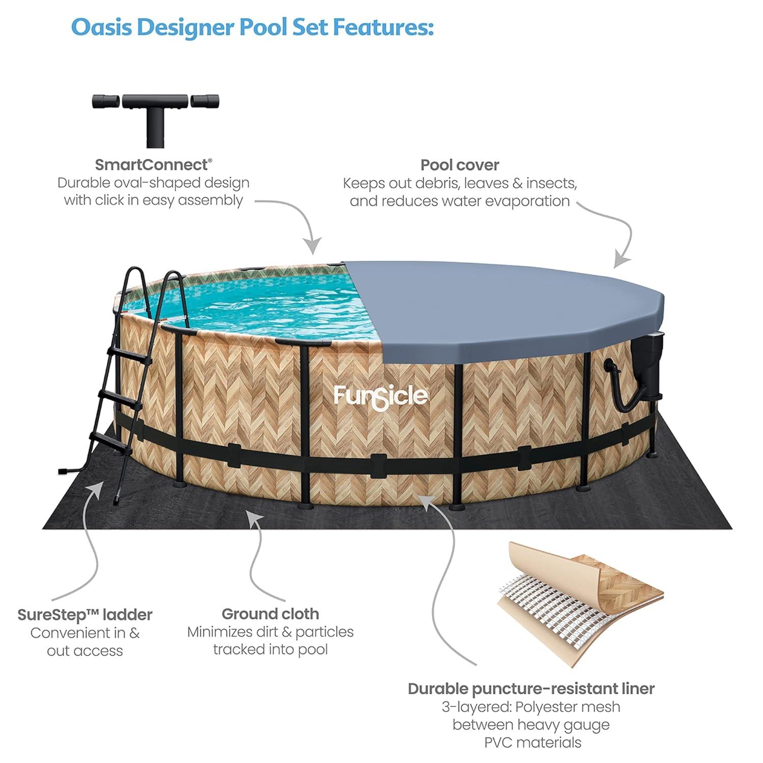 Funsicle 14' x 42" Oasis Designer Round Frame Outdoor Above Ground Swimming Pool Set with SkimmerPlus Filter Pump and Pool Cover, Oak Herringbone