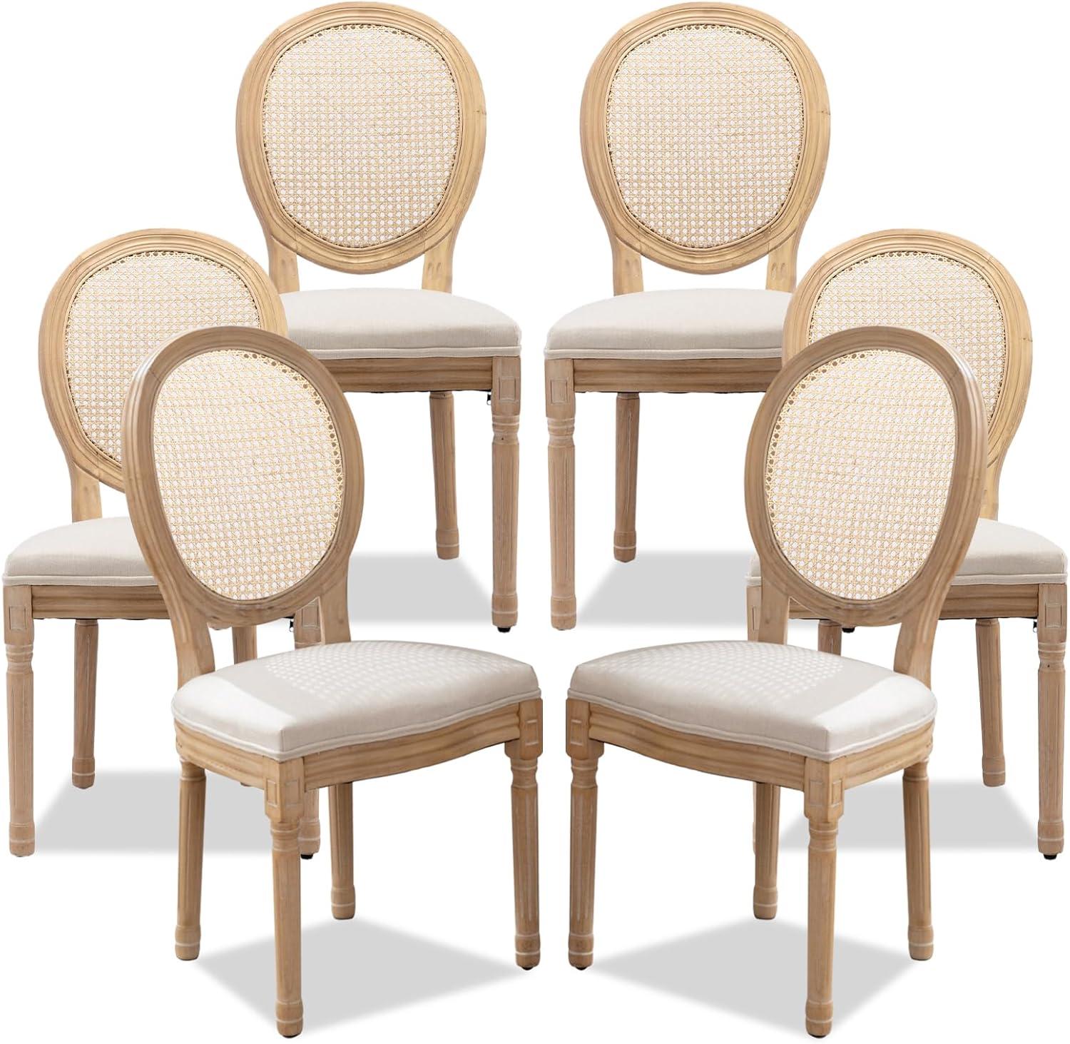 One Allium Way® French Style Rattan Back Solid Wood Upholstered Dining Chairs(Set of 6)