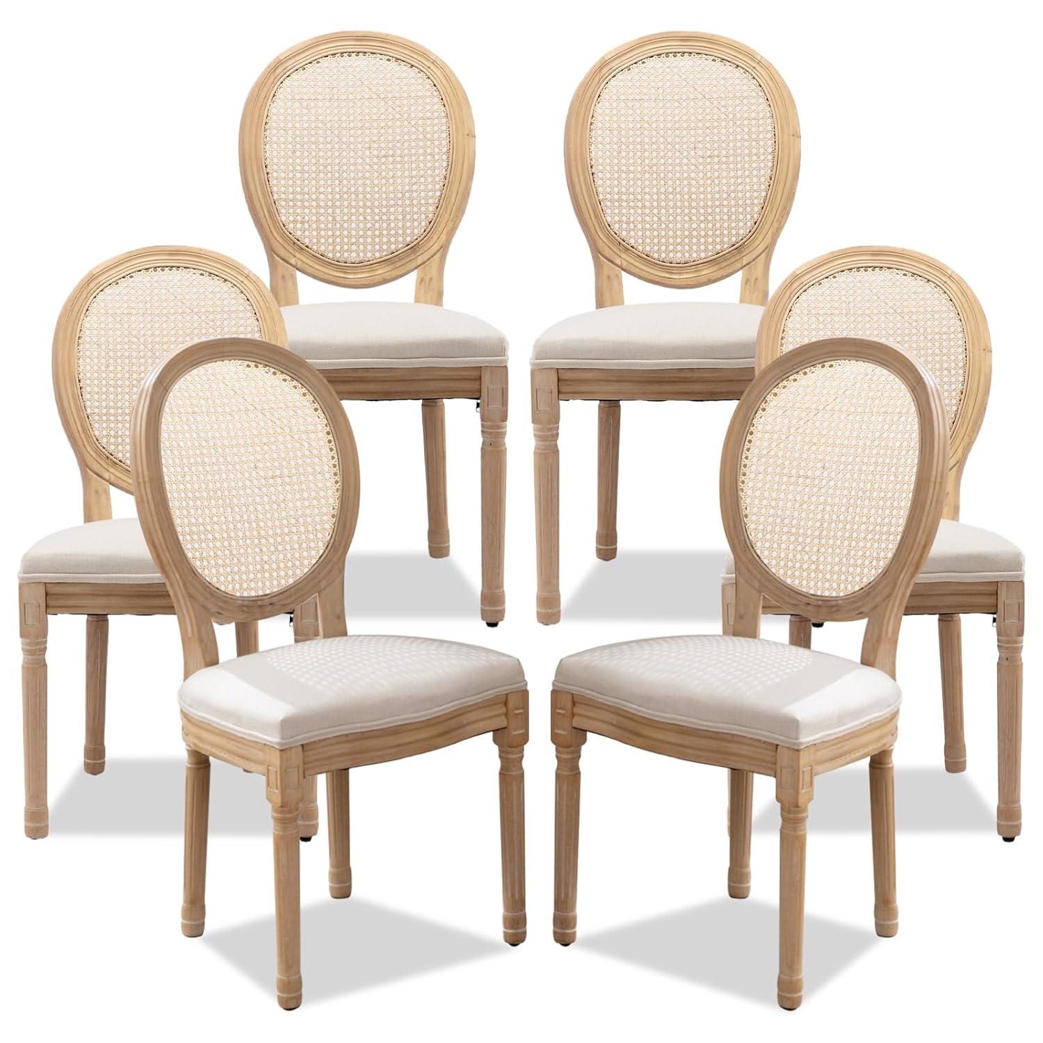 One Allium Way® French Style Rattan Back Solid Wood Upholstered Dining Chairs(Set of 6)