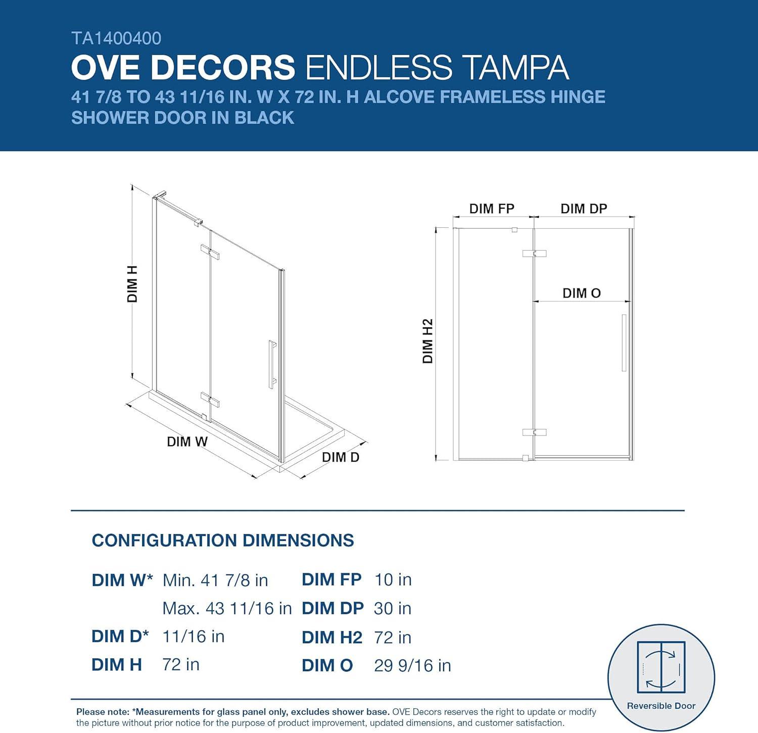 Tampa Black Frameless Hinge Shower Door with Tempered Glass