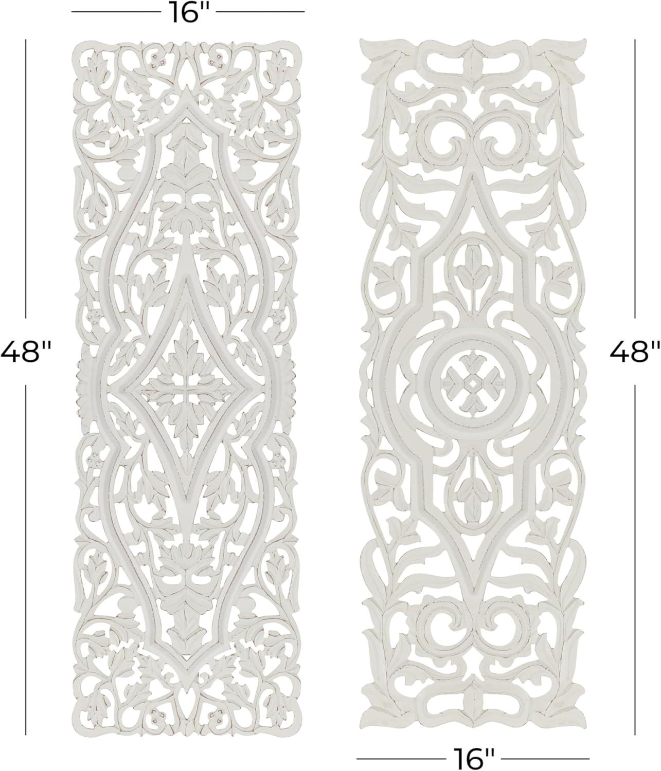 DecMode White Wood Handmade Intricately Carved Arabesque Floral Wall Decor (2 Count)