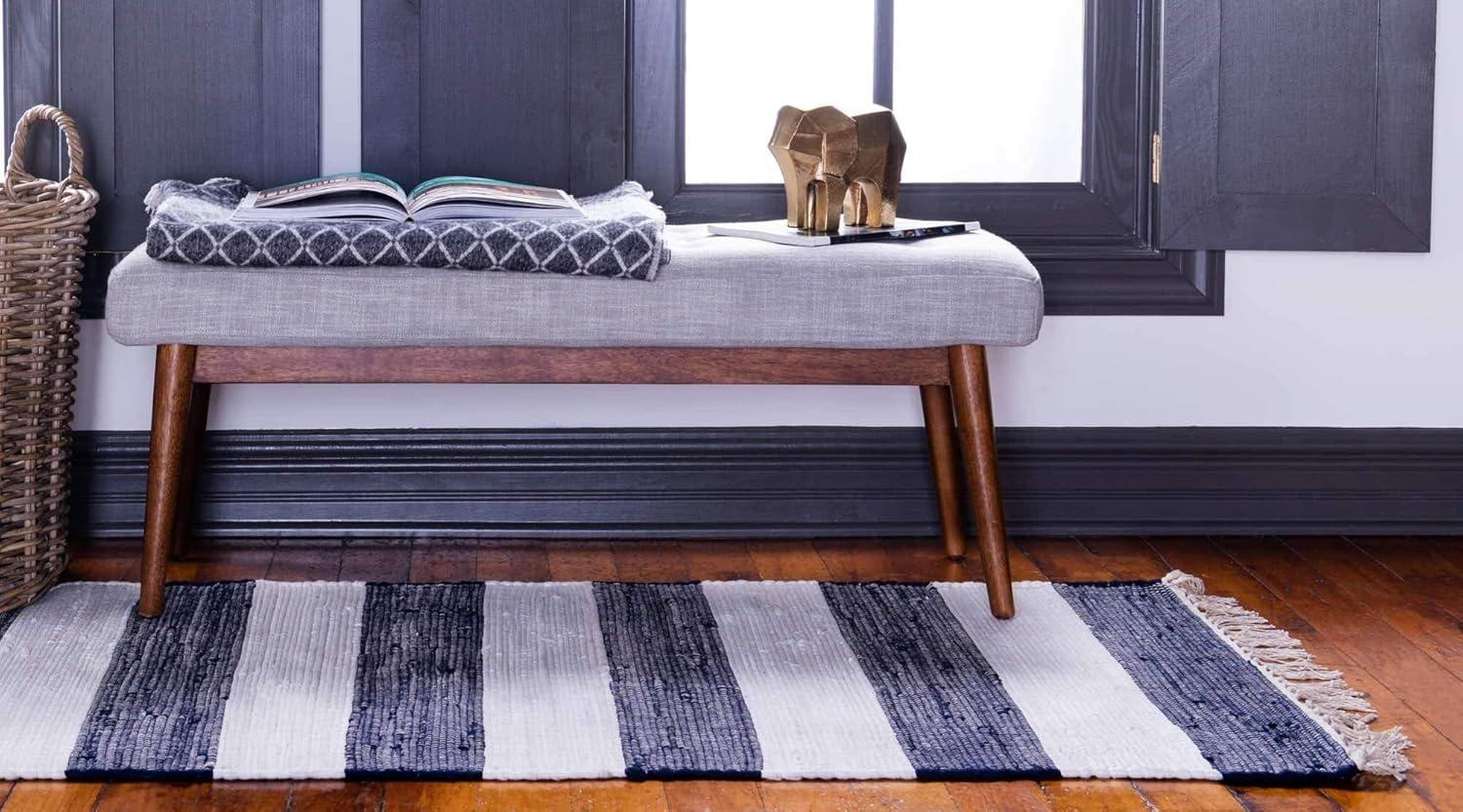 Unique Loom Chindi Rag Collection Area Rug - Striped (2' 7" x 6' 1" Runner Navy Blue/Ivory)
