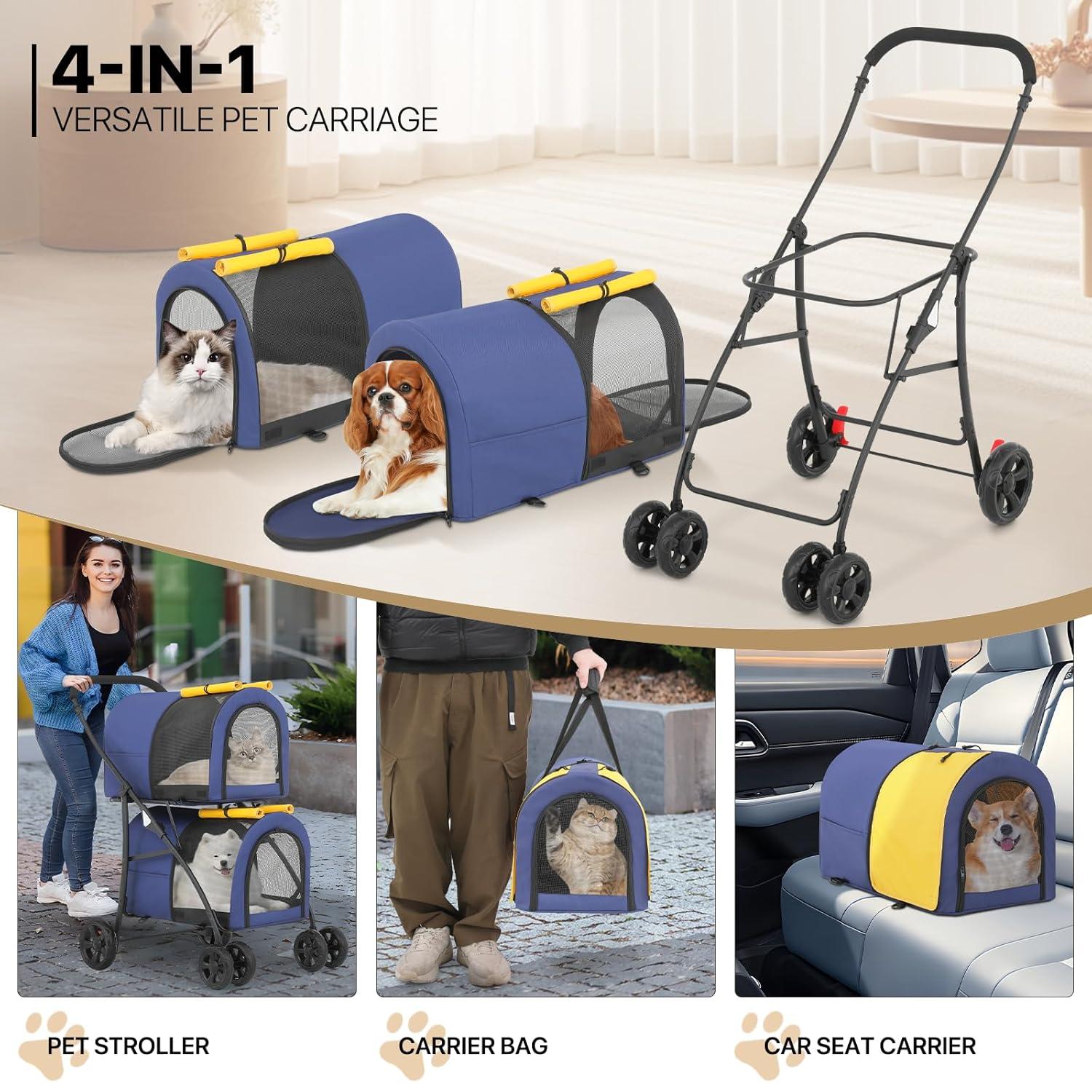 MoNiBloom 4 in 1 Double Pet Stroller, Foldable Cat Stroller for 2 Cats/Dogs with Detachable Carrier Bags & Rear Brakes, Navy Blue/Yellow