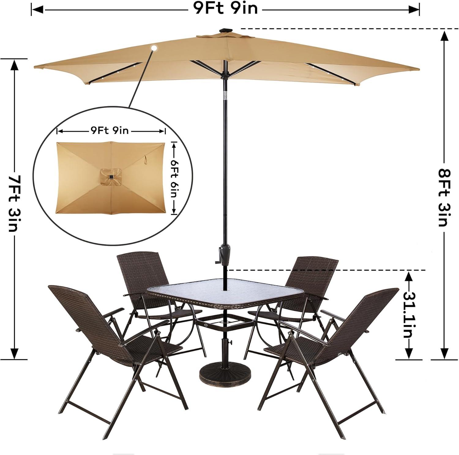 Sun-Ray 6.6x10 FT Solar LED Rectangular Patio Umbrella with Push-Button Tilt and Hand Crank Canopy Lift, Table Umbrella with Solution Dyed Navy Fabric for Porch, Deck, Garden, and Swimming Pool, Taupe