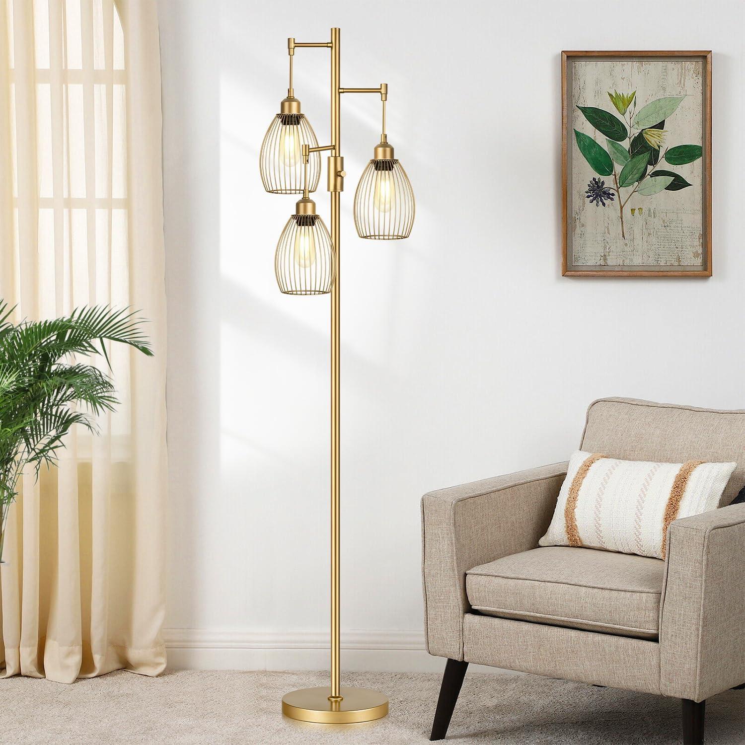 Gold Adjustable Industrial Floor Lamp with Teardrop Cage Shades