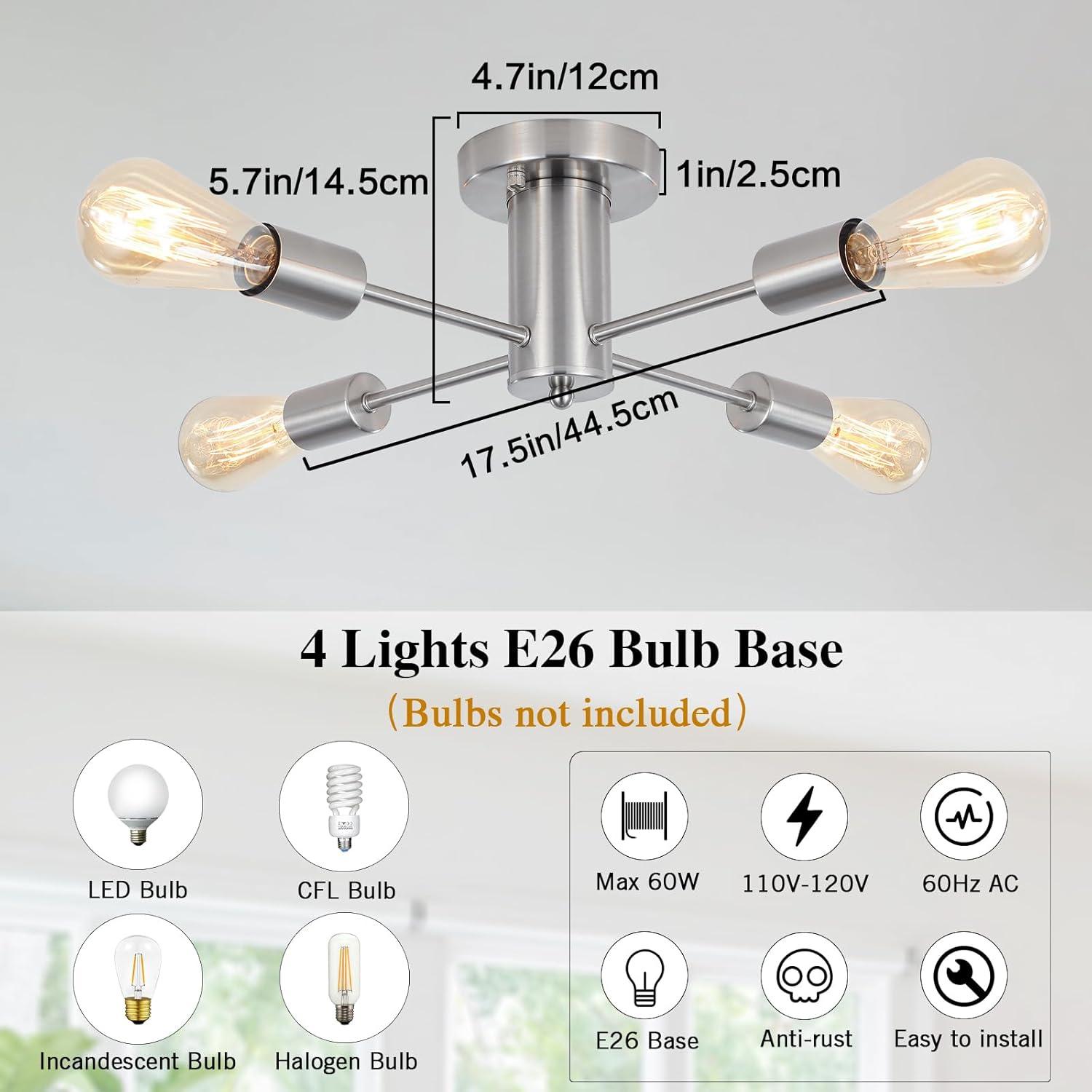 Sputnik Chandeliers, 4 Lights Kitchen Lighting Fixtures Ceiling Brushed Nickel Chandelier, Semi Flush Mount Ceiling Light Fixture for Bedroom Hallway Kitchen Living Room Dining Room