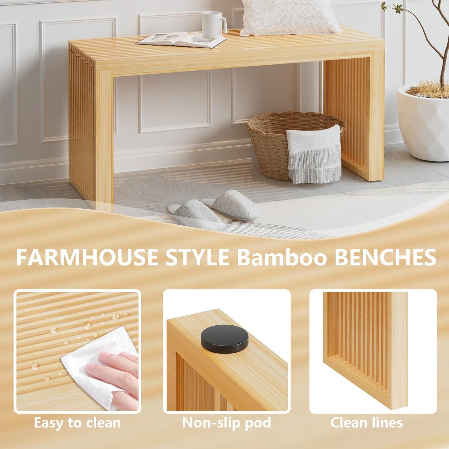 George Oliver Bamboo Dining Bench, 35 Inch Farmhouse Decor Indoor Kitchen Table Bench, Entryway Shoe Rack Bench, Outdoor Bench, Solid Bamboo Benches For Living Room, Hallway, Bedroom, Bathroom