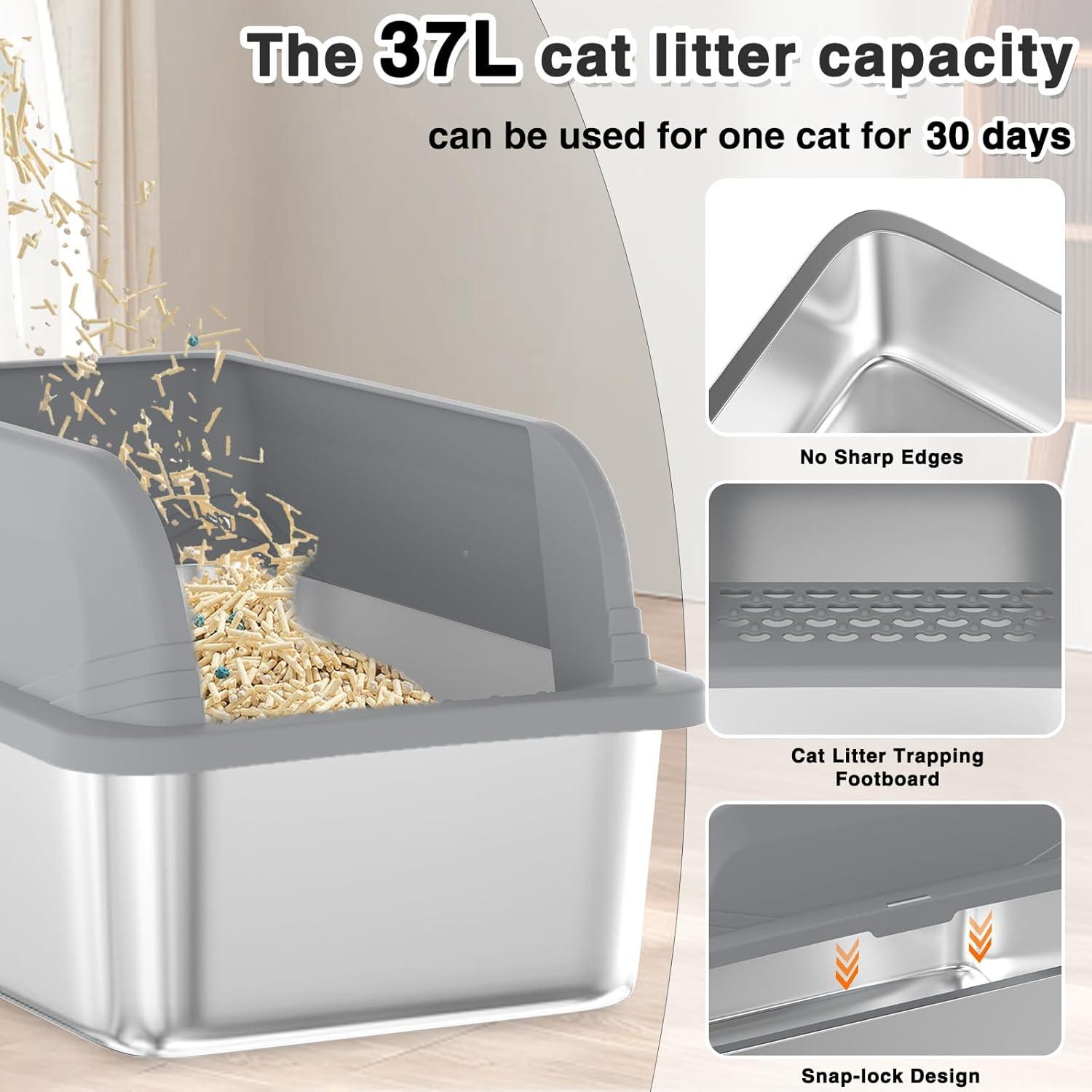 Enclosed Stainless Steel Cat Litter Box with Lid Extra Large Litter Box for Big Cats XL Metal Litter Pan Tray with High Wall Sides Enclosure, Non-Sticky, Anti-Leakage, Easy Cleaning