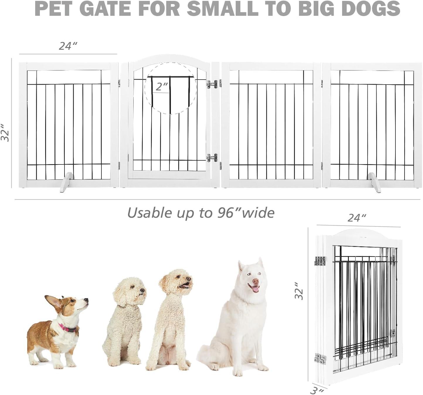 White Freestanding Solid Wood and Metal Pet Gate with Door