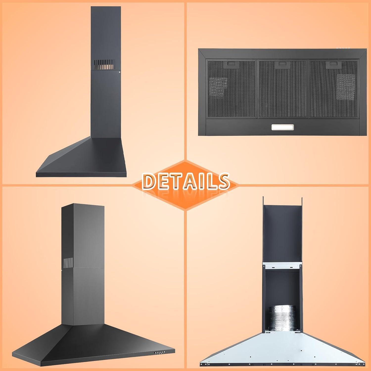 36-Inch Black Stainless Steel Under Cabinet Range Hood with LED Light