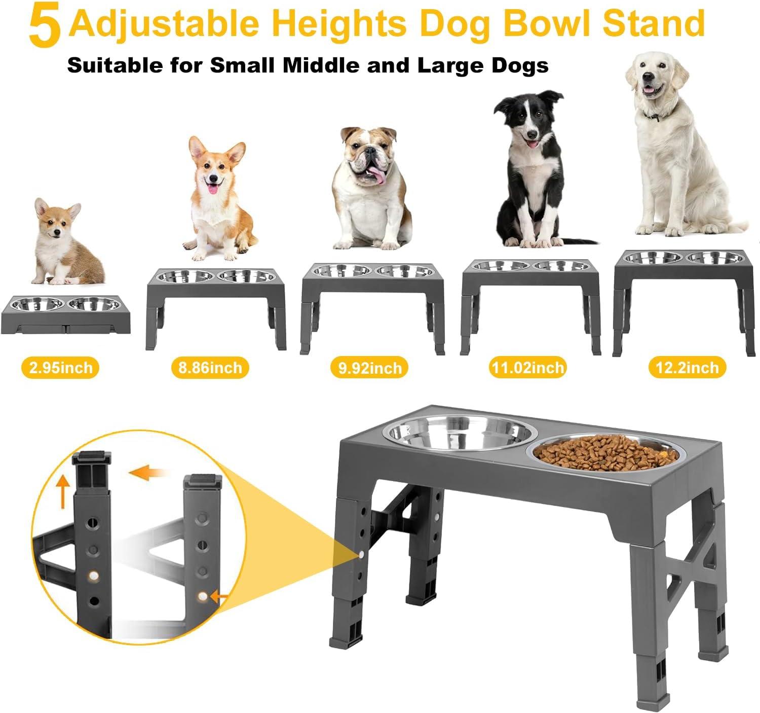 ZALALOVA Elevated Dog Bowls Stand with 2 Stainless Steel Dishes 1 Slow Feeder Dog Bowl, Raised Dog Bowl Adjusts to 5 Heights (3.15",8.9'',10",11.2'',12.4") for Medium and Large Dogs(Gray)