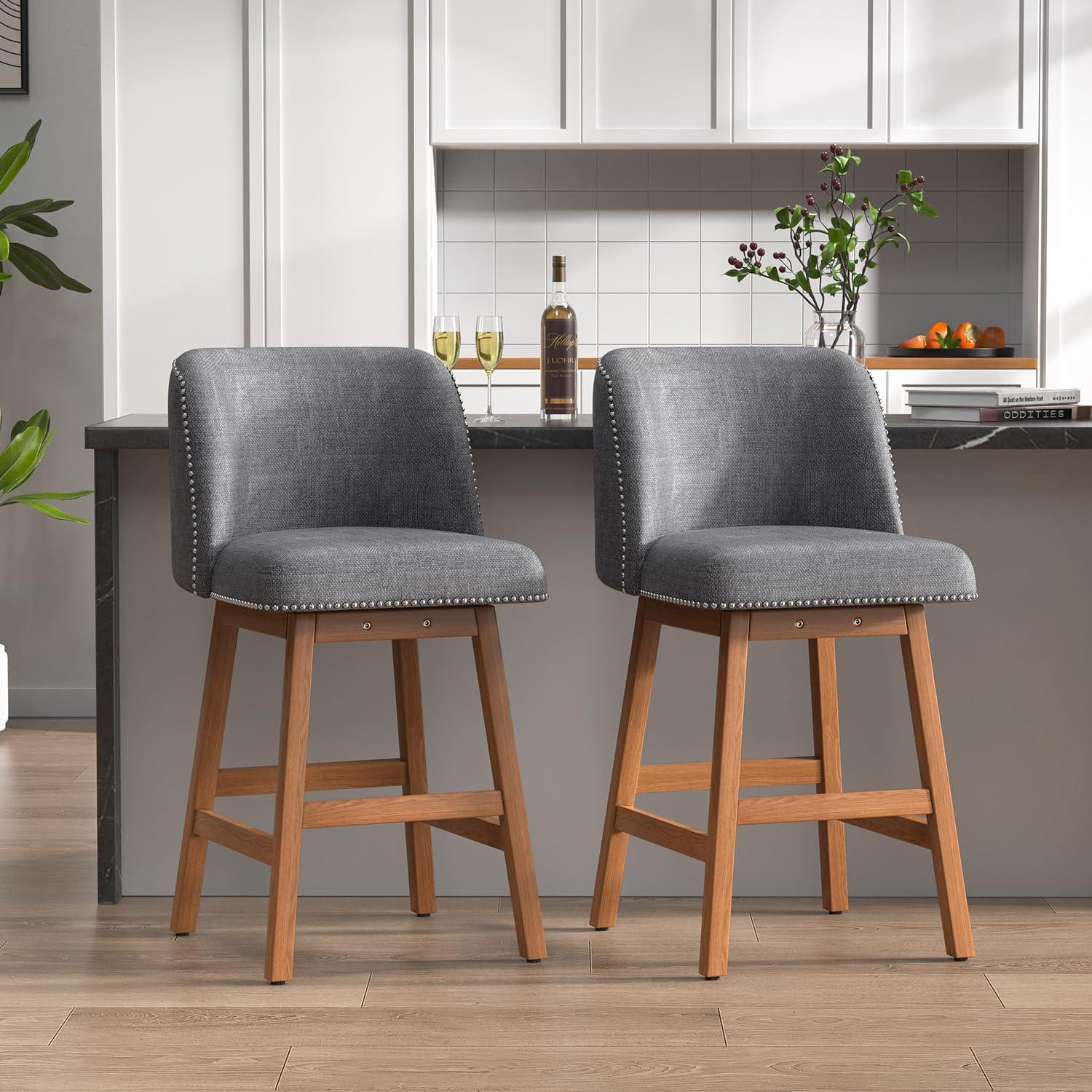 George Oliver Bar Stools Set of 2 Counter Height Chairs with Footrest for Kitchen, Dining Room And 360 Degree Solid Wood Legs Swivel Bar Stools Set of 2(Linen)