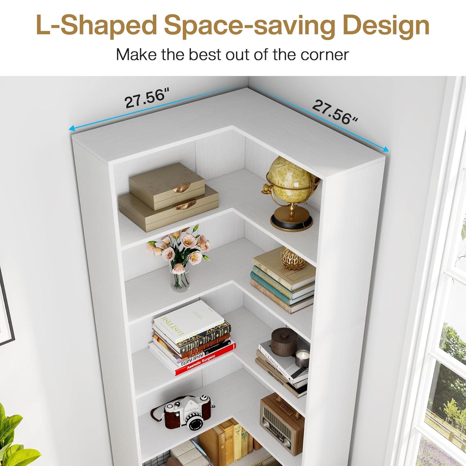 Tribesigns 71 inches Corner Bookcase, 6-Tiers L-Shaped Bookshelf, Wooden Freestanding Storage Display Rack, White