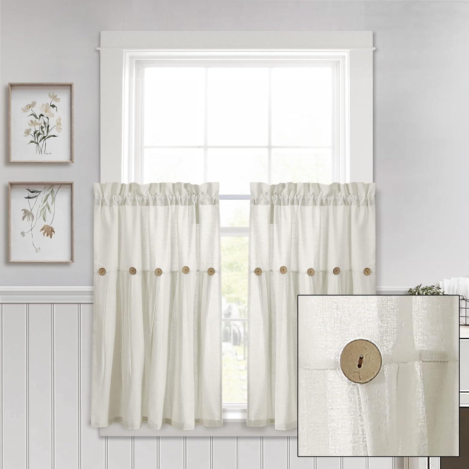 Set of 2 (36"x29") Farmhouse Linen Button Kitchen Curtain Tiers Off White - Lush Décor: Solid Cotton & Linen Rod Pocket