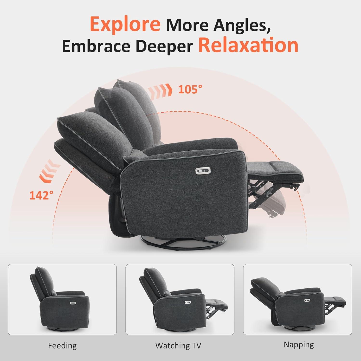 Swivel Glider Power Recliner Chair, Electric Rocker Recliner Chairs with USB Ports For Nursery, Fabric