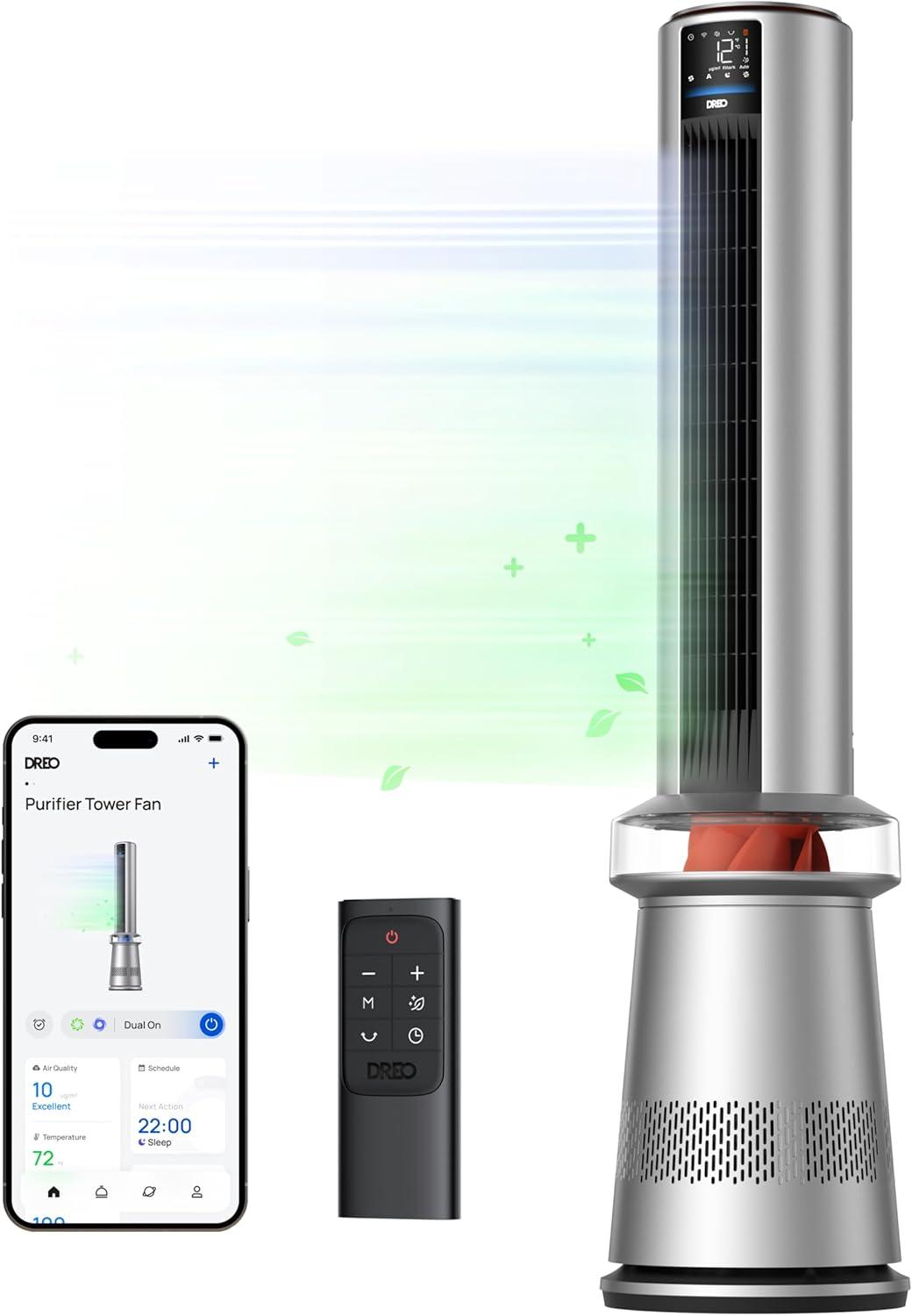 Air Purifier Tower Fan, 45 in. 2-in-1 Smart Fan, 27ft/s Velocity, 120°Oscillation, 24 H Timer, 25dB Low Noise, Silver