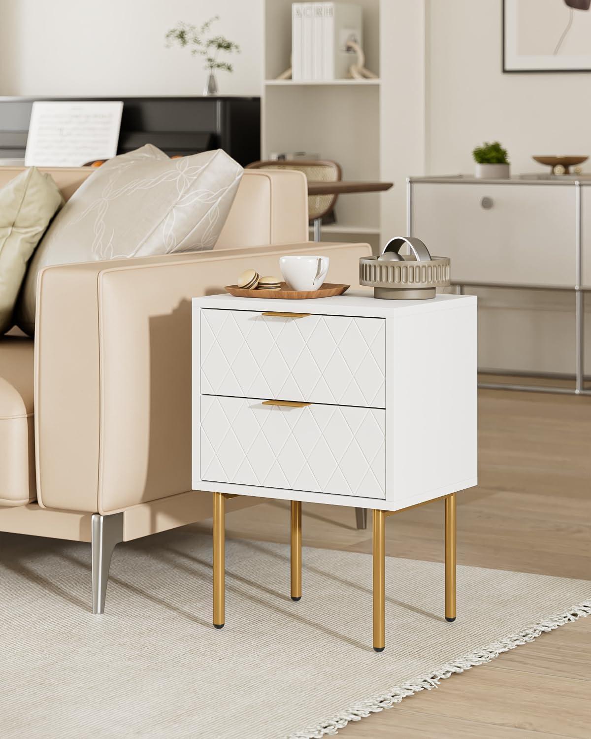 White and Gold Modern Nightstand with Drawer and Shelf