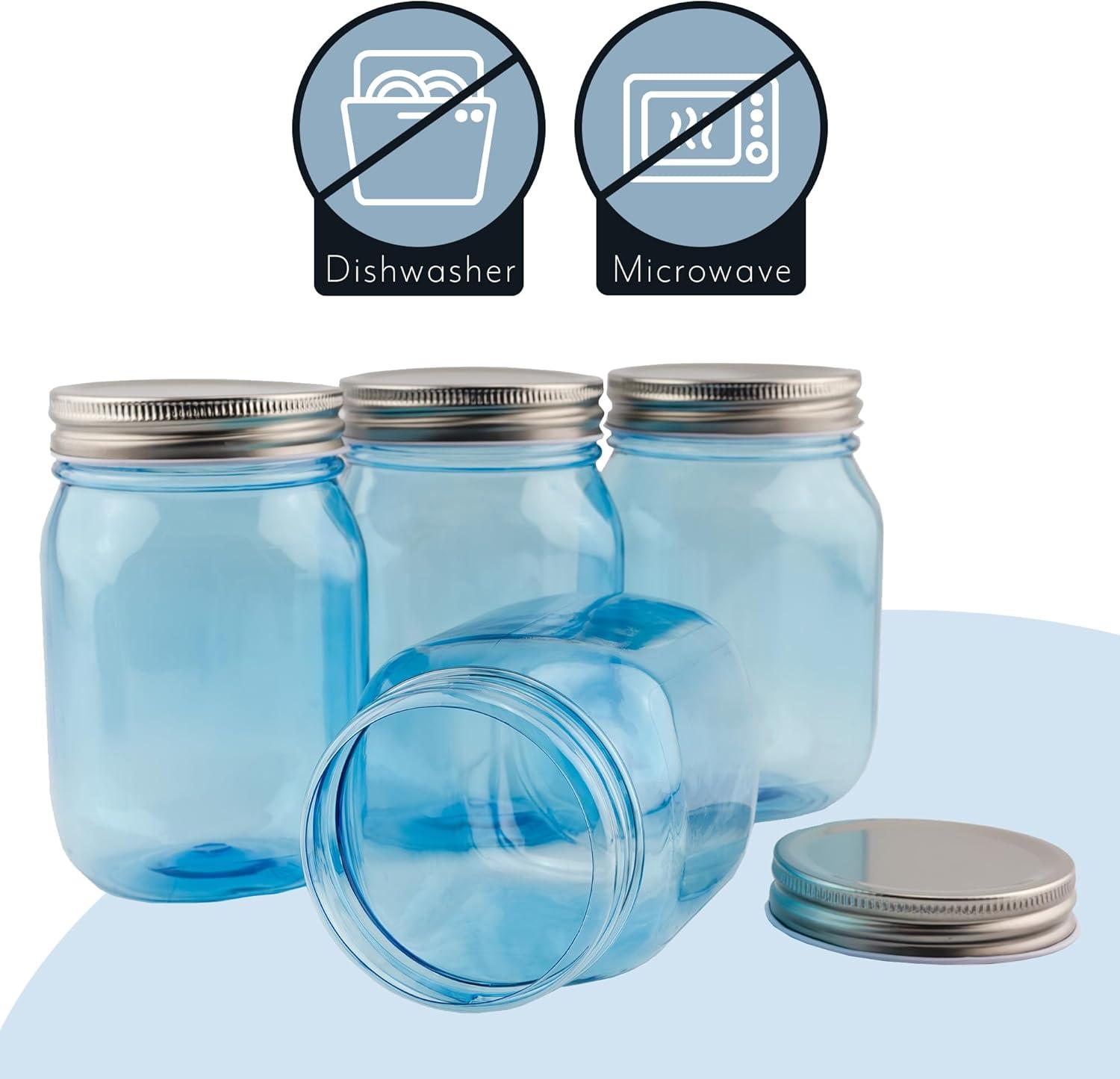 Cornucopia Brands 16oz Plastic Mason Jars 8pk, Blue/Silver; Mason Jar Style w/ Metal Lids, Pint Size, Compatible w/ Regular Mason Jar Lids