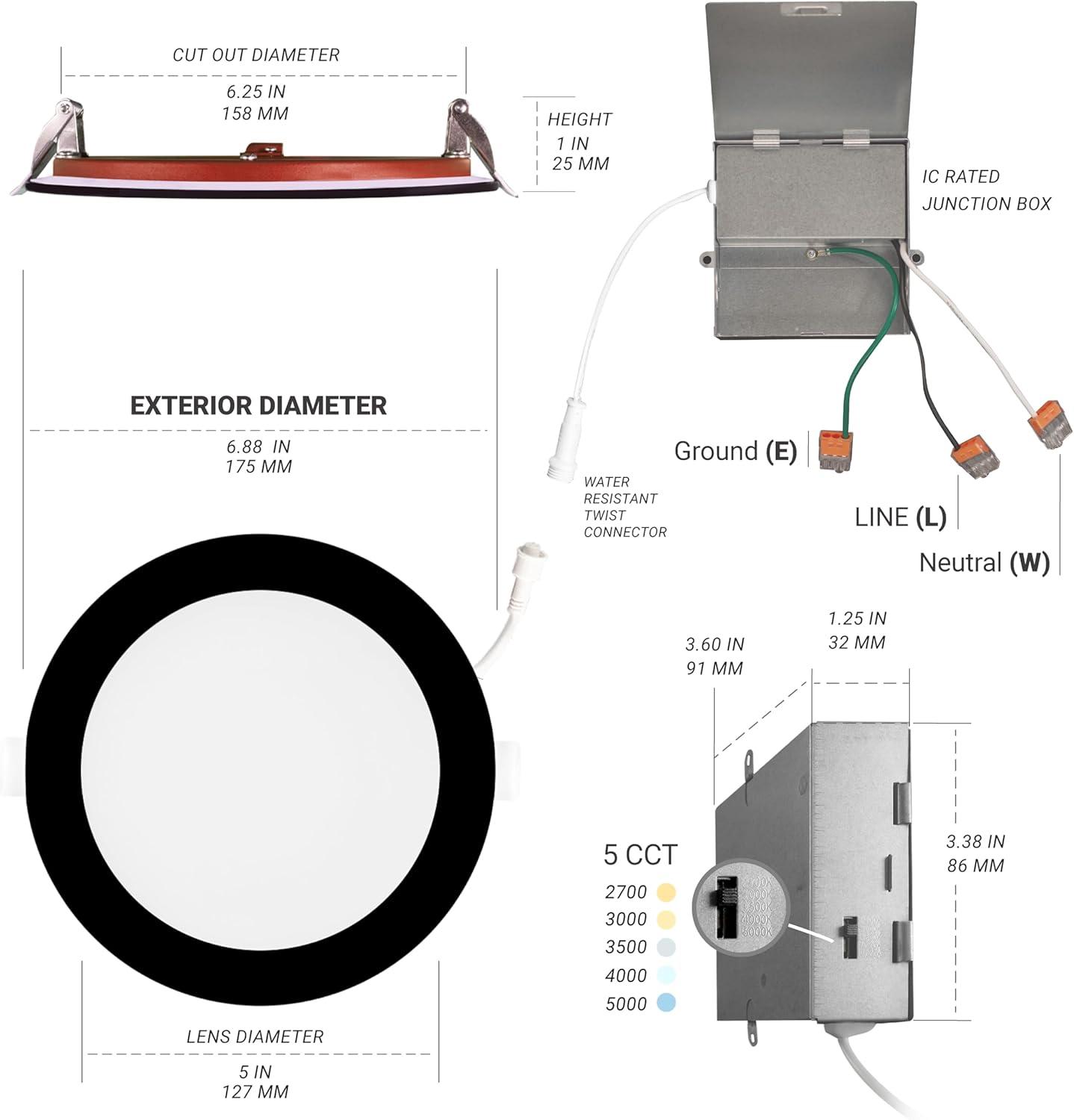 6" Black Ultra-Thin Fire Rated LED Recessed Downlight, 6-Pack