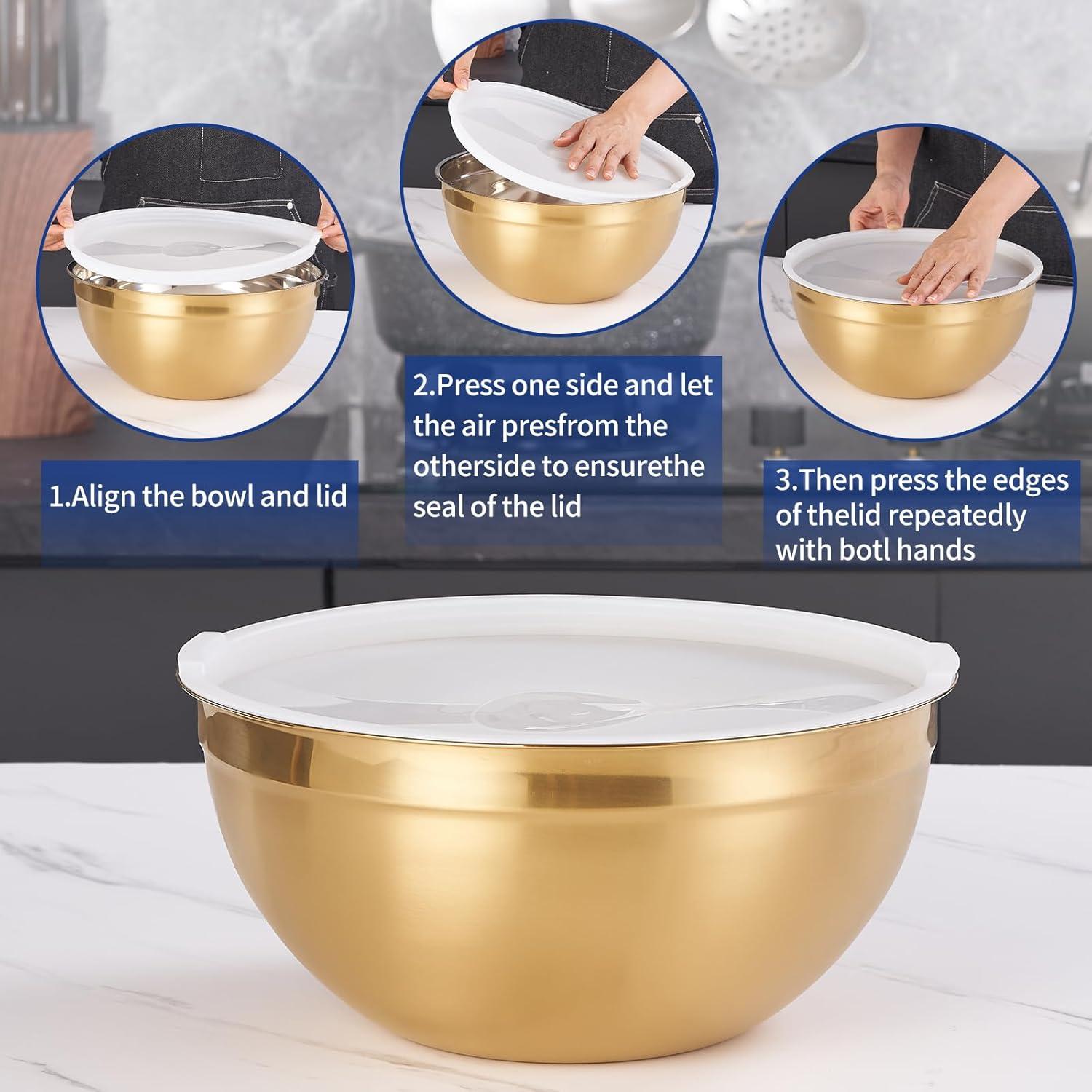 Gold Stainless Steel Mixing Bowls with White Lids, Set of 7