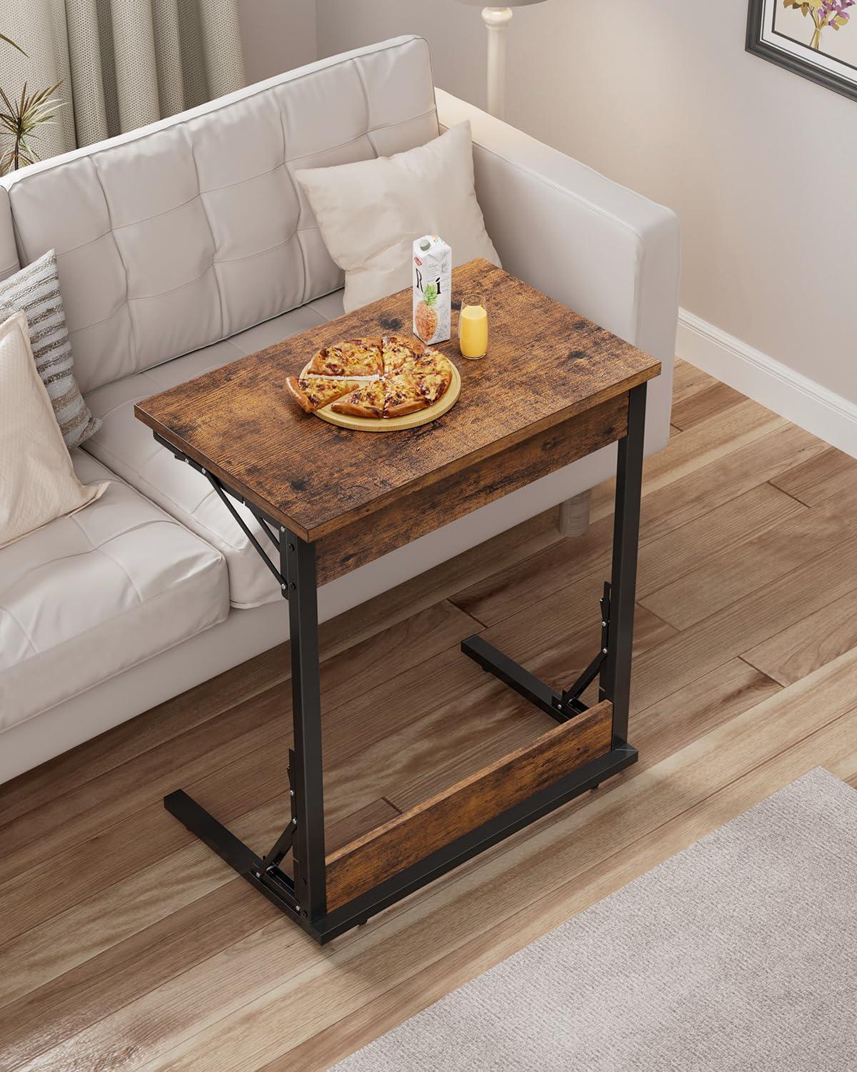 Folding TV Tray Table, 24" Wide C-Shaped End Table for Couches, Small Sofa-Side Laptop Desk with Metal Frame for Living Room, Bedroom, Rustic Brown