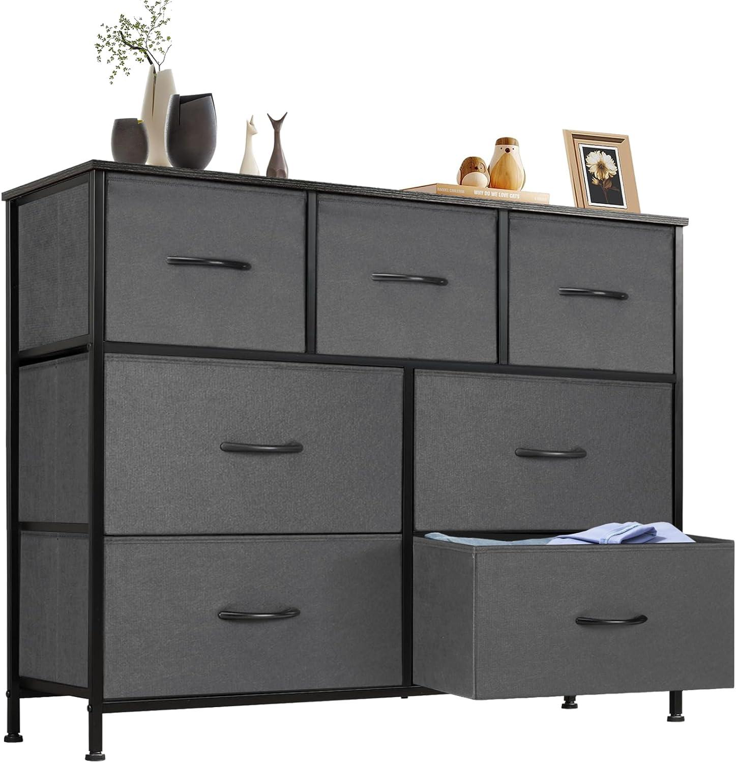 Dark Grey Fabric 7-Drawer Nursery Dresser with Metal Frame