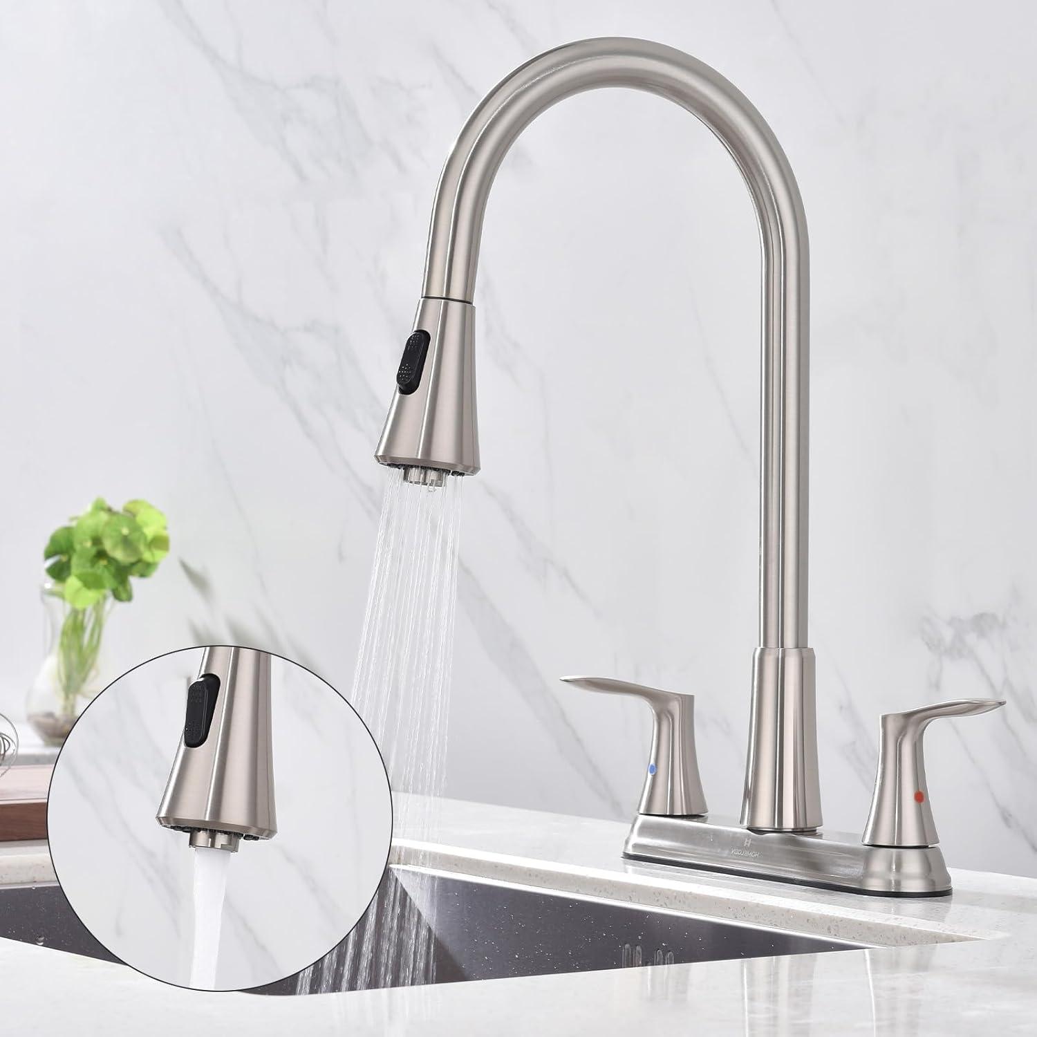 Brushed Nickel Dual Handle Kitchen Faucet with Pull-out Spray