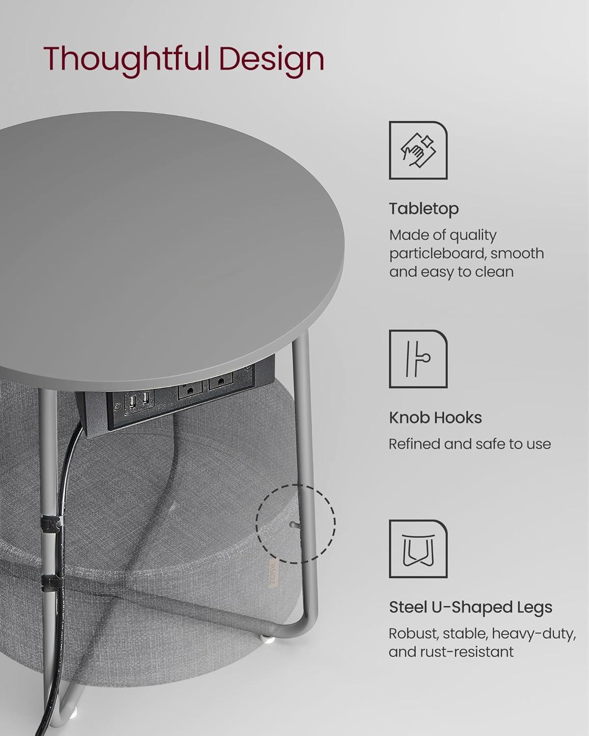 VASAGLE Side Table with Charging Station, Round End Table With Fabric Basket, Nightstand with Power Outlets USB Ports, for Living Room, Bedroom, Modern, Dove Gray and Slate Gray ULET228G01