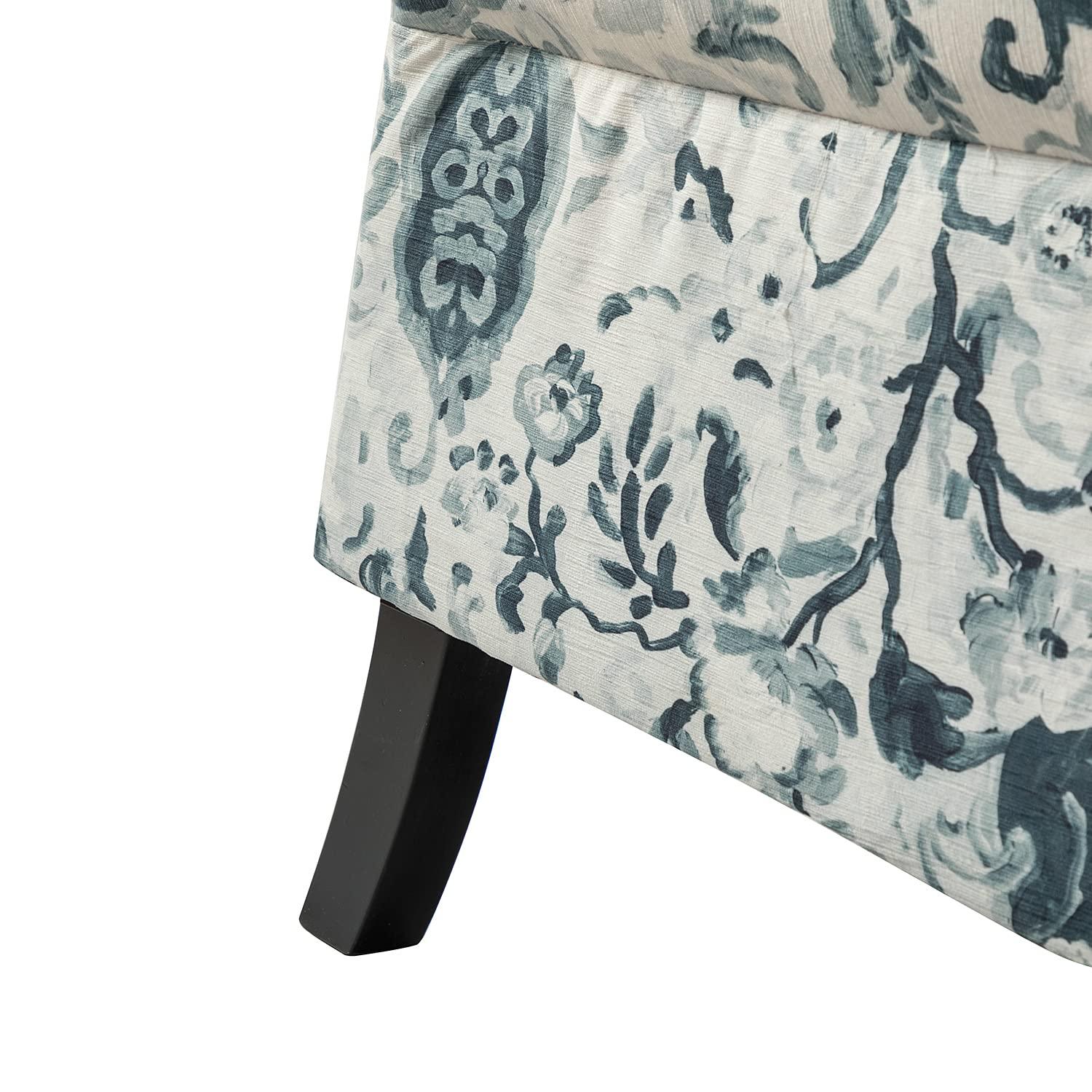 Floral Blue and White Upholstered Wingback Recliner with Rubber Wood Legs
