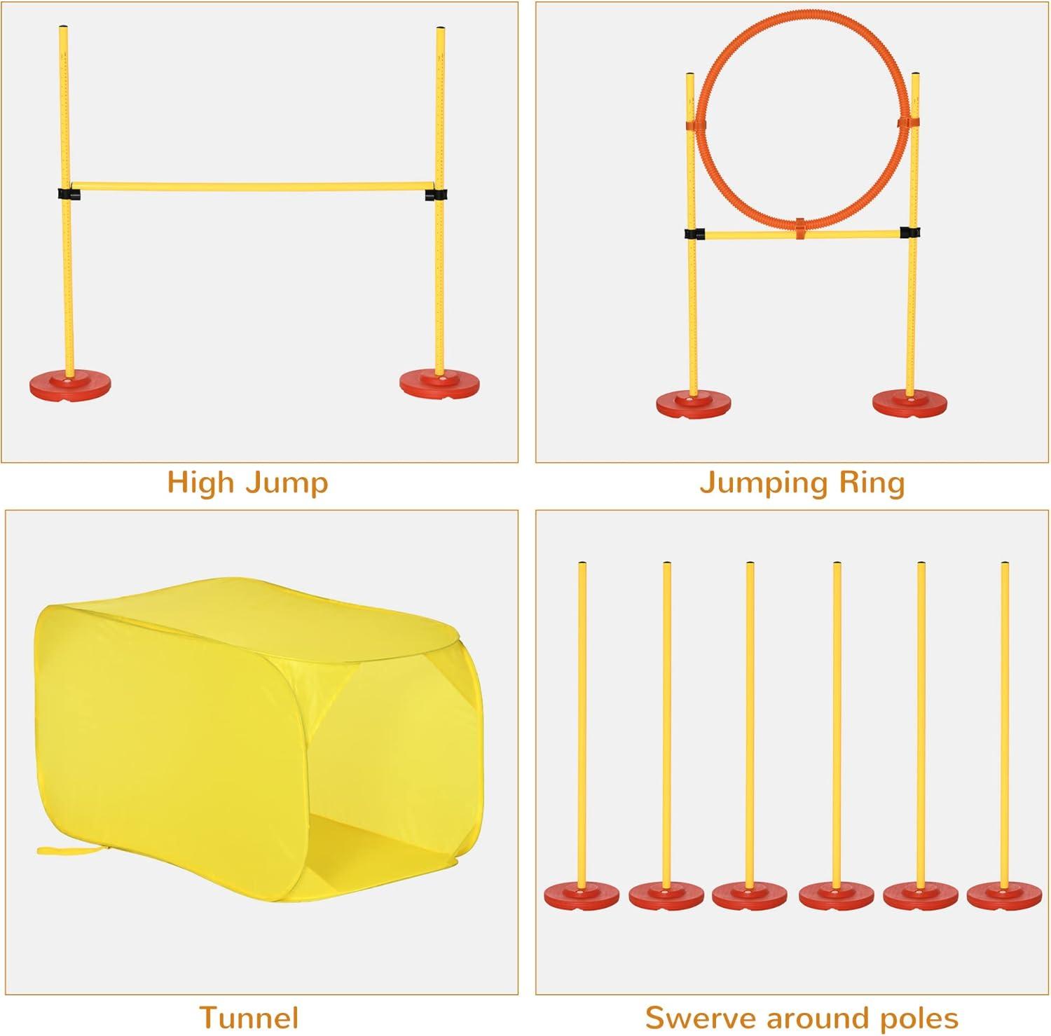 PawHut 4-Piece Dog Agility Training Equipment Doggie Obstacle Course with Tunnel, Hurdle Bar, Hoop, Weave Poles, and Easy Carry Case