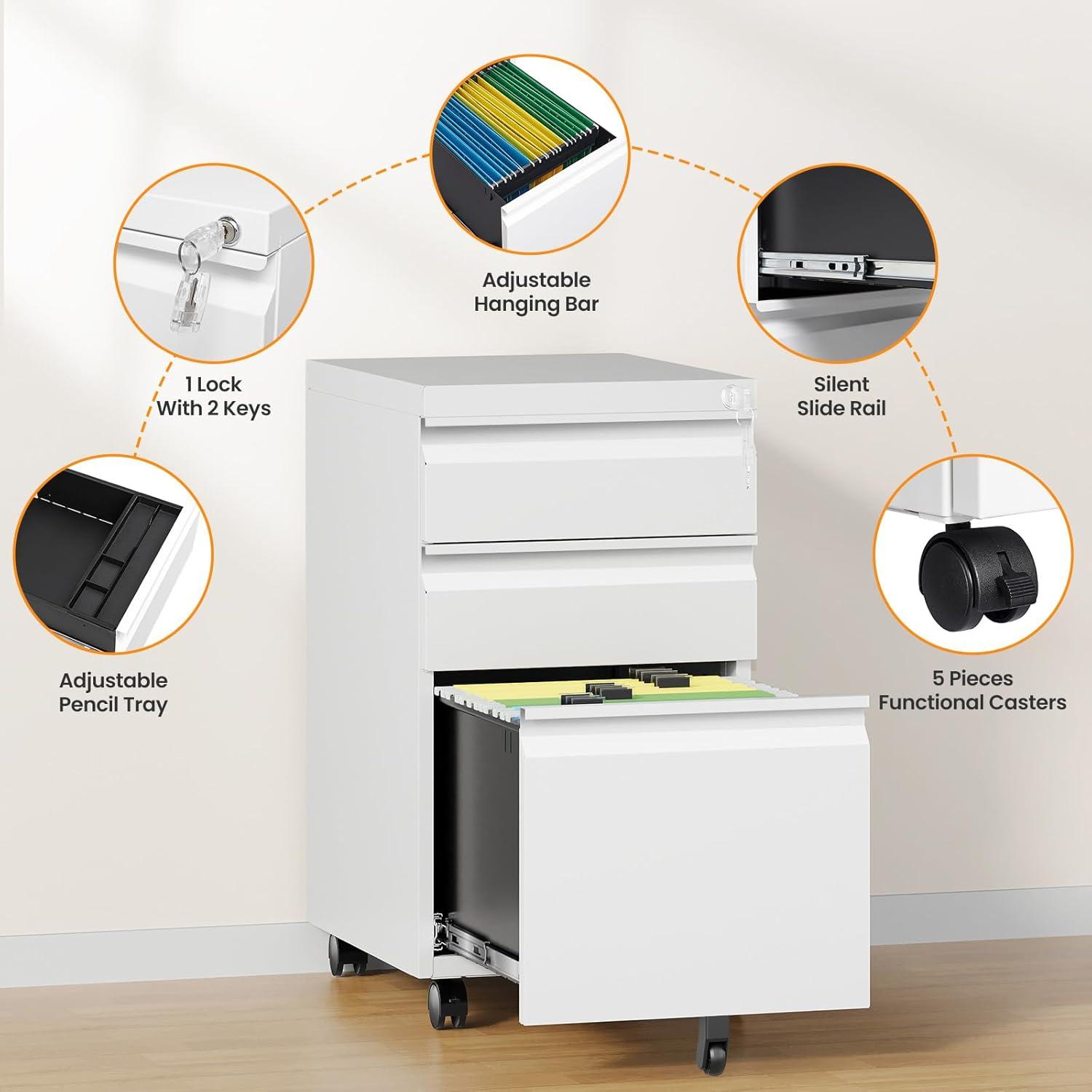 3 Drawer Mobile File Cabinet with Lock, Rolling File Cabinets for Home Office, Under Desk Small File Caninet on wheels, Metal Vertical White Filing Cabnet for Legal/Letter/A4 - Assembly Required
