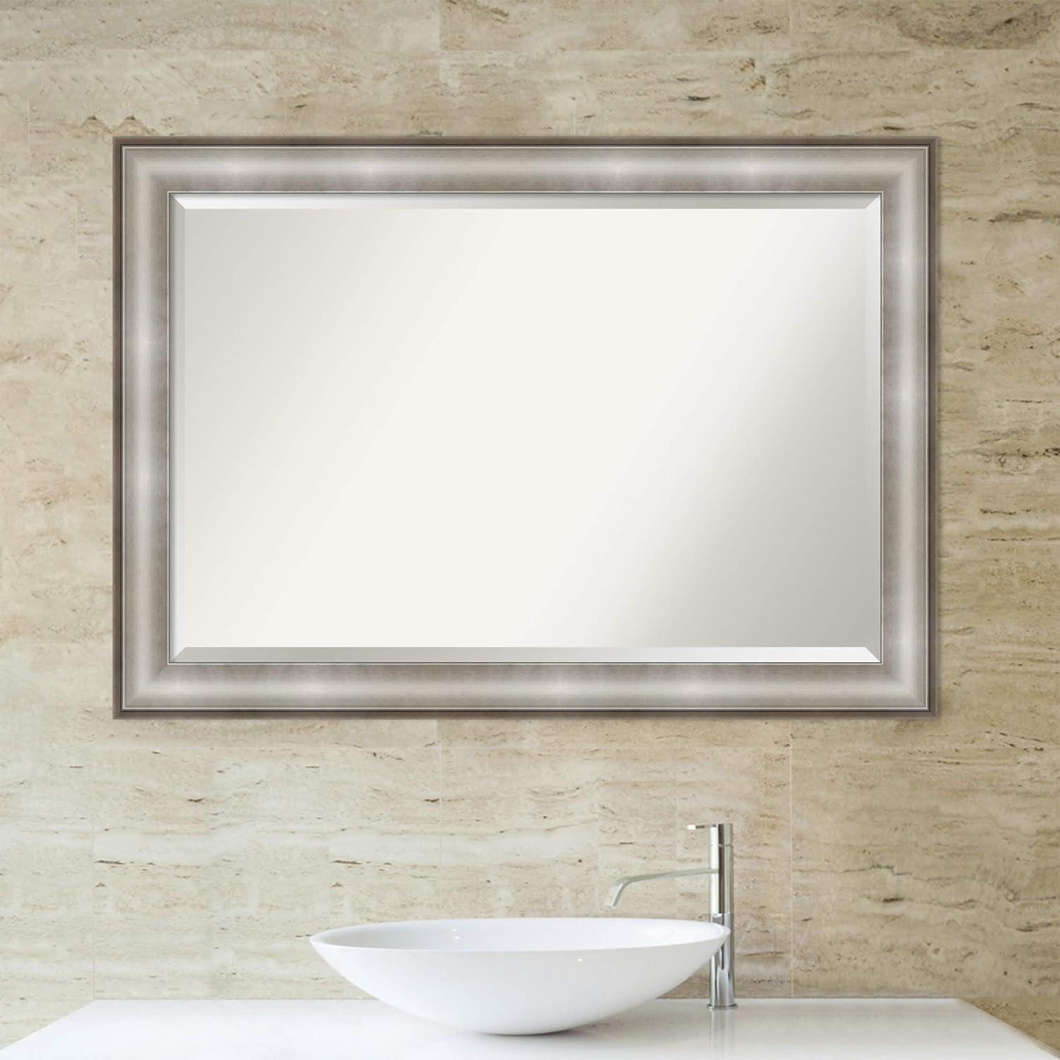 Amanti Art Beveled Bathroom Wall Mirror - Imperial Frame Imperial Silver Outer Size: 41 x 29 in Silver