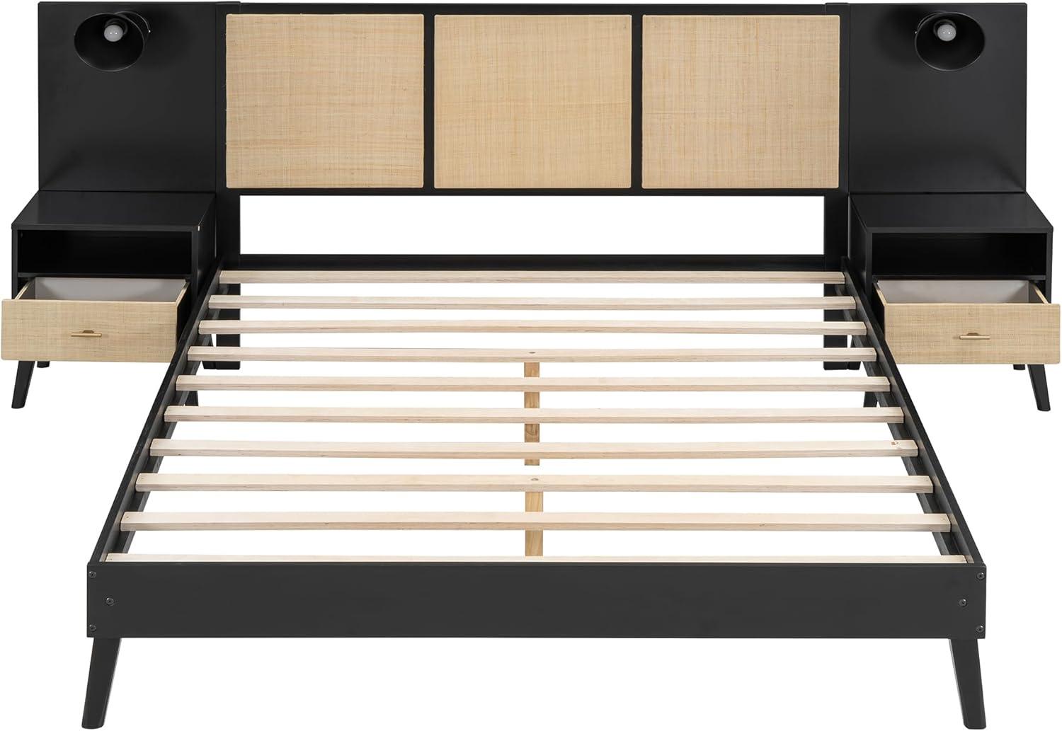 Queen Size Black and Rattan Solid Wood Bed Frame with Nightstands