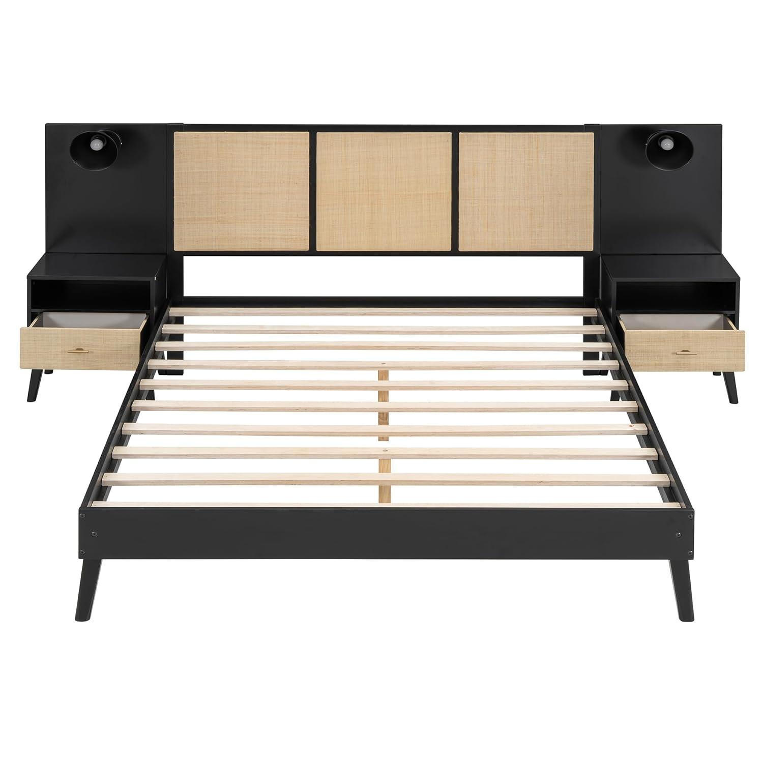 Queen Size Black and Rattan Solid Wood Bed Frame with Nightstands