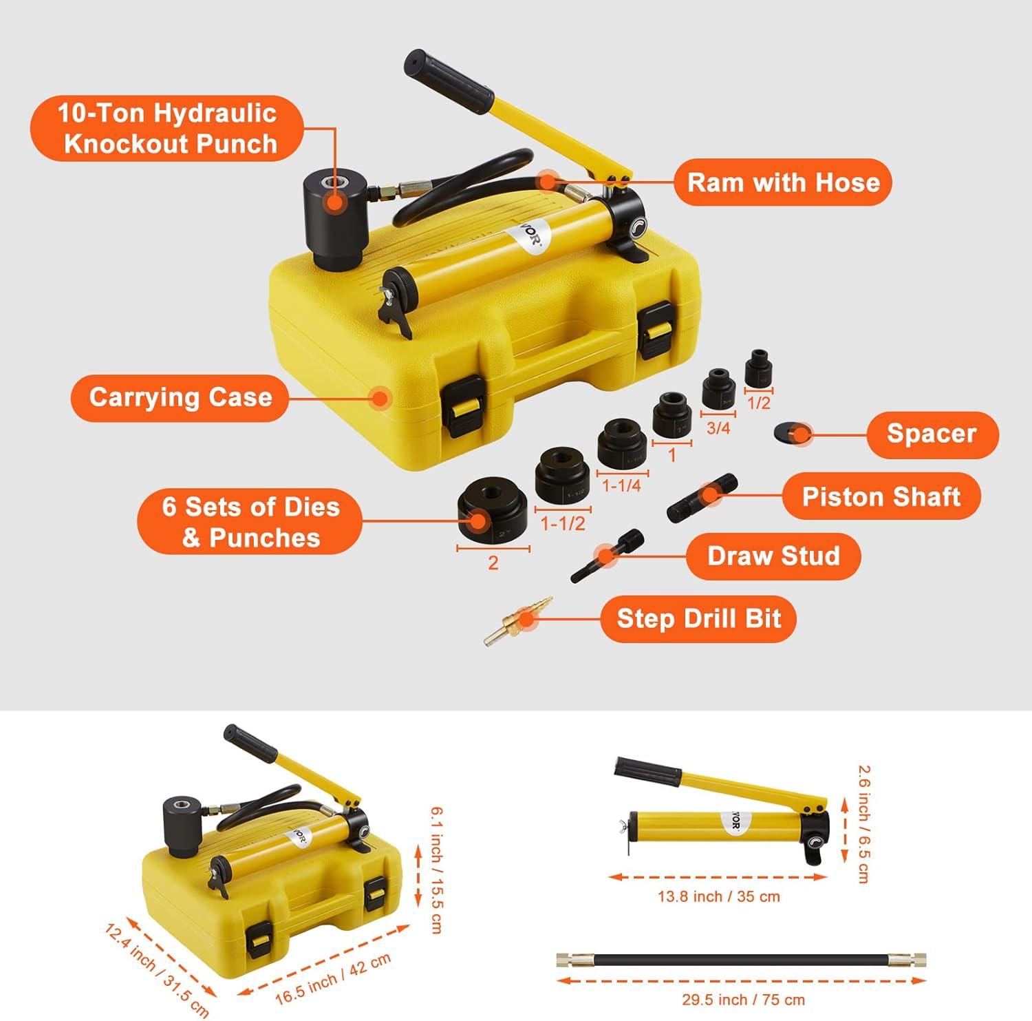 VEVOR Hydraulic Knockout Punch Kit, 10 Ton 1/2" to 2" Conduit Hole Cutter Set, KO Tool Kits with Puncher 6 Piece, Metal Sheet Driver Tools, Yellow