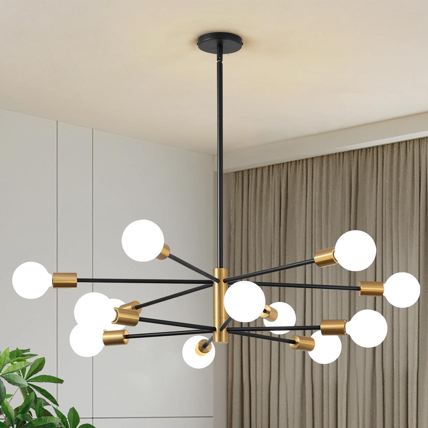 Modern Sputnik Chandelier Ceiling Light Fixture 12-Light E26 Industrial Chandeliers Black Gold Farmhouse Chandelier Height Adjustable Chandeliers for Dining Room, Living Room, Kitchen Island