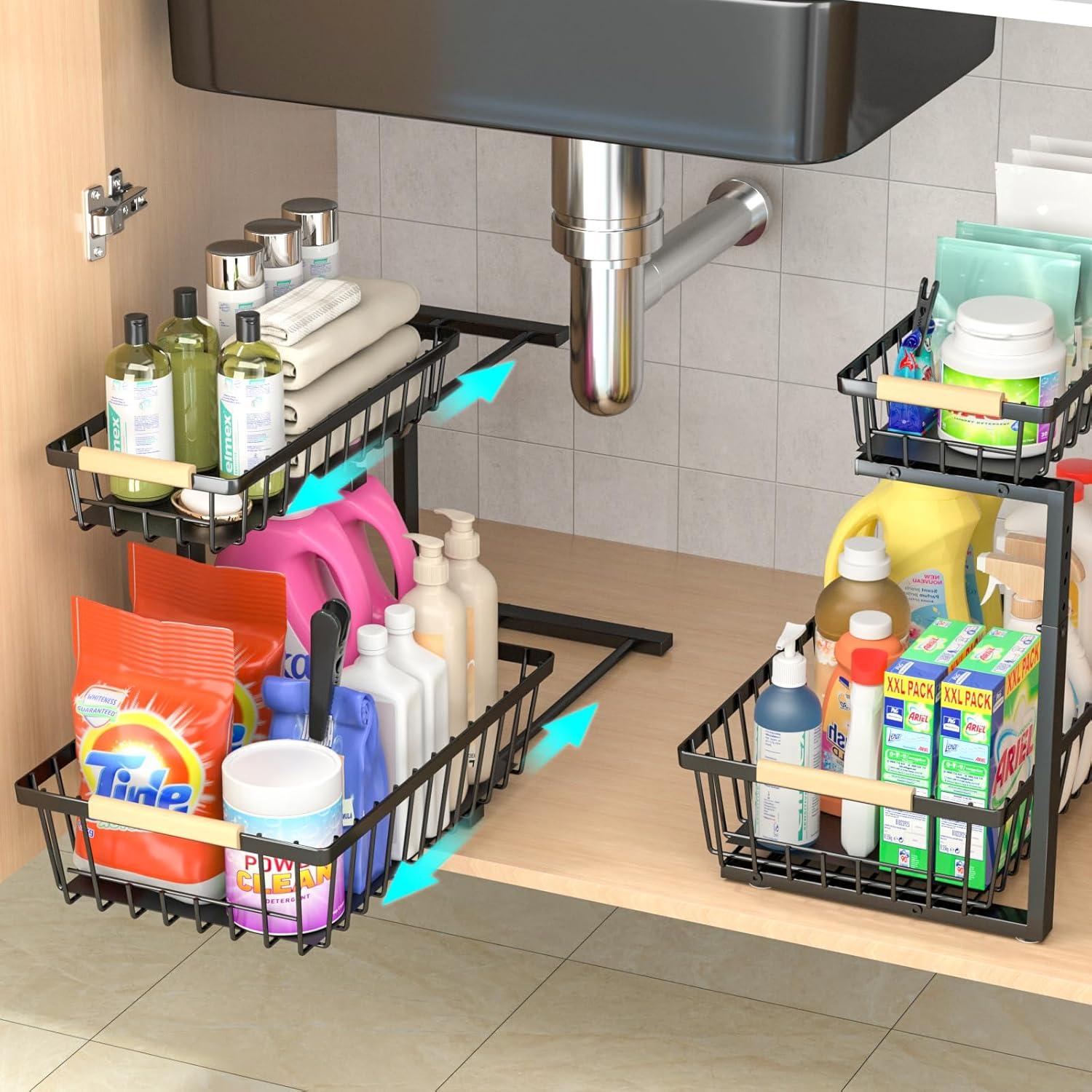 Under Sink Organizers and Storage, 2 Pack Pull Out Kitchen Bathroom Cabinet Organizer, 2 Tier Black Under Sink Storage for Bathroom Kitchen, Under Counter Storage Organizer with 8 Hooks