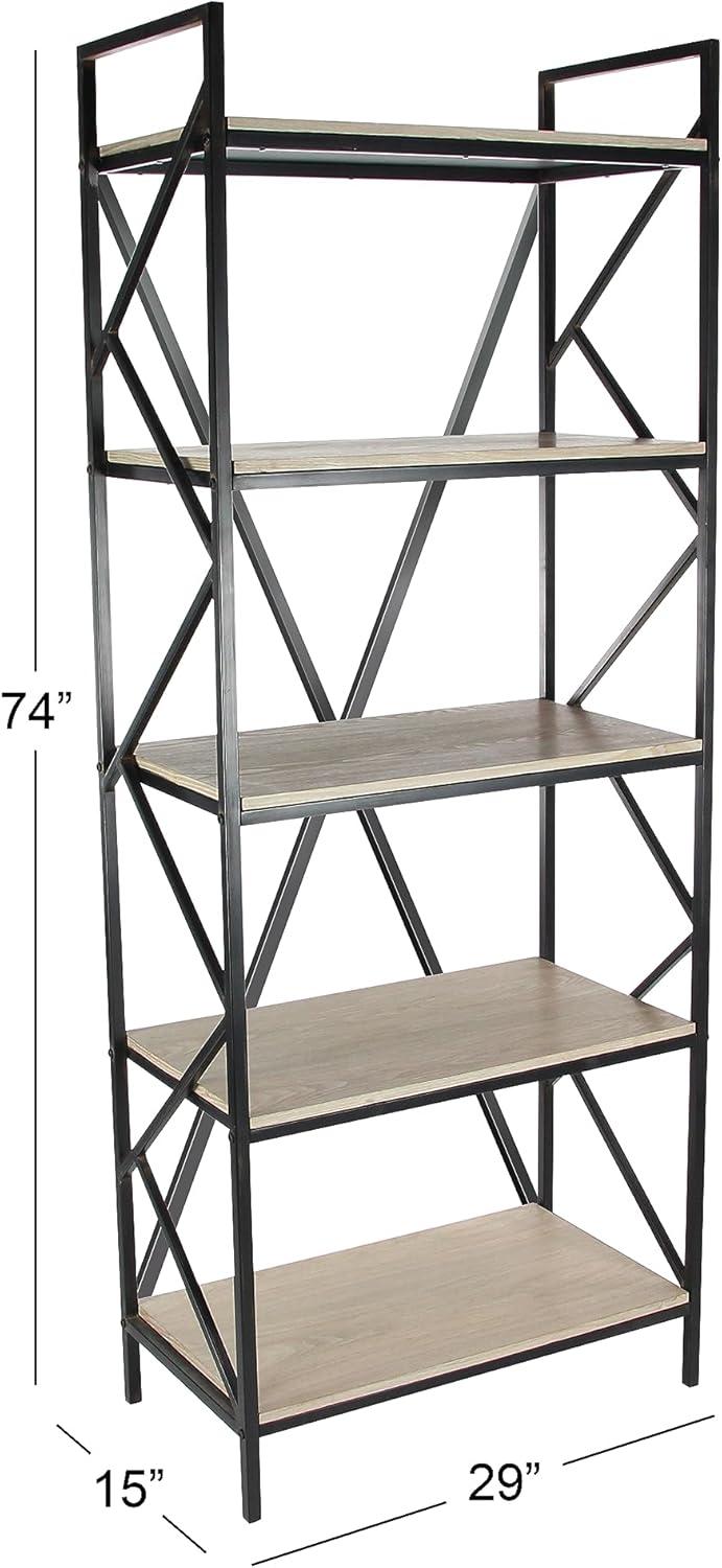 DecMode 29" x 74" Brown Wood 5-Tier Shelving Unit with Black Metal Frame, 1-Piece