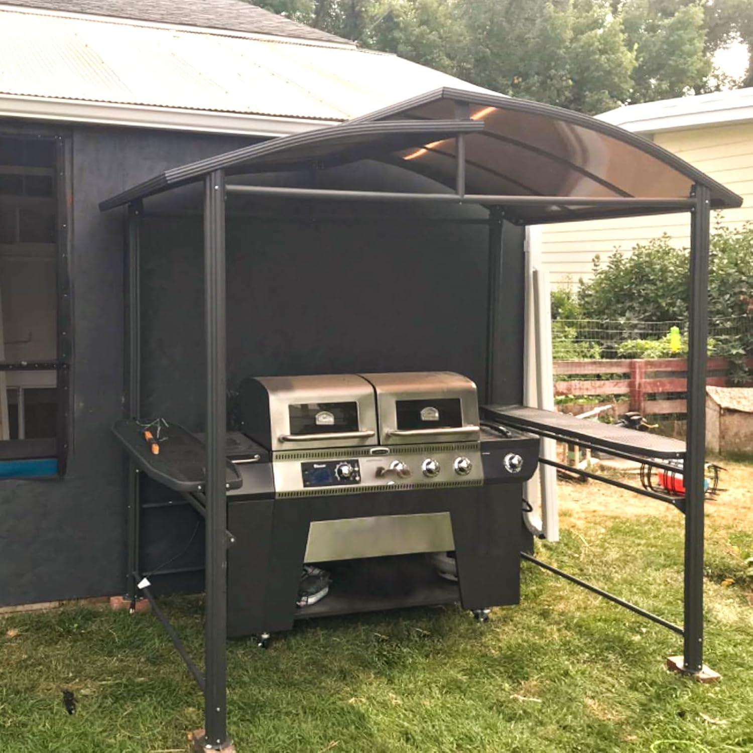 COOS BAY 8'x5' BBQ Grill Gazebo Outdoor Backyard Steel Frame Double-Tier Polycarbonate Top Canopy with Shelves Serving Tables