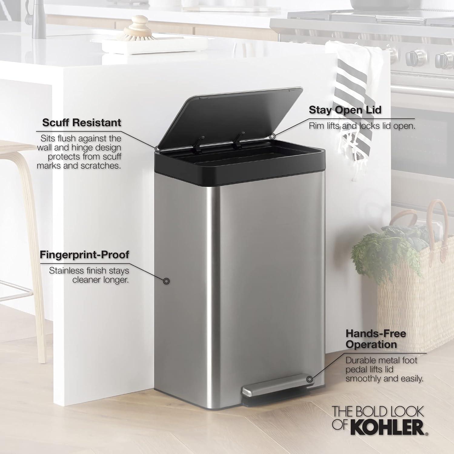 Reset 8 Gallon Kitchen Trash Can, Stainless Steel Hand Free Step Trash Can with Quiet-Close Lid