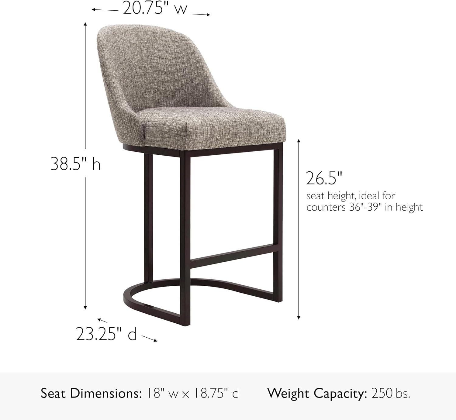 Leick Home Set of 2 Barrelback Counter Height Barstool with Metal Base Espresso/Gray Linen: Upholstered, Steel Legs, Modern Style