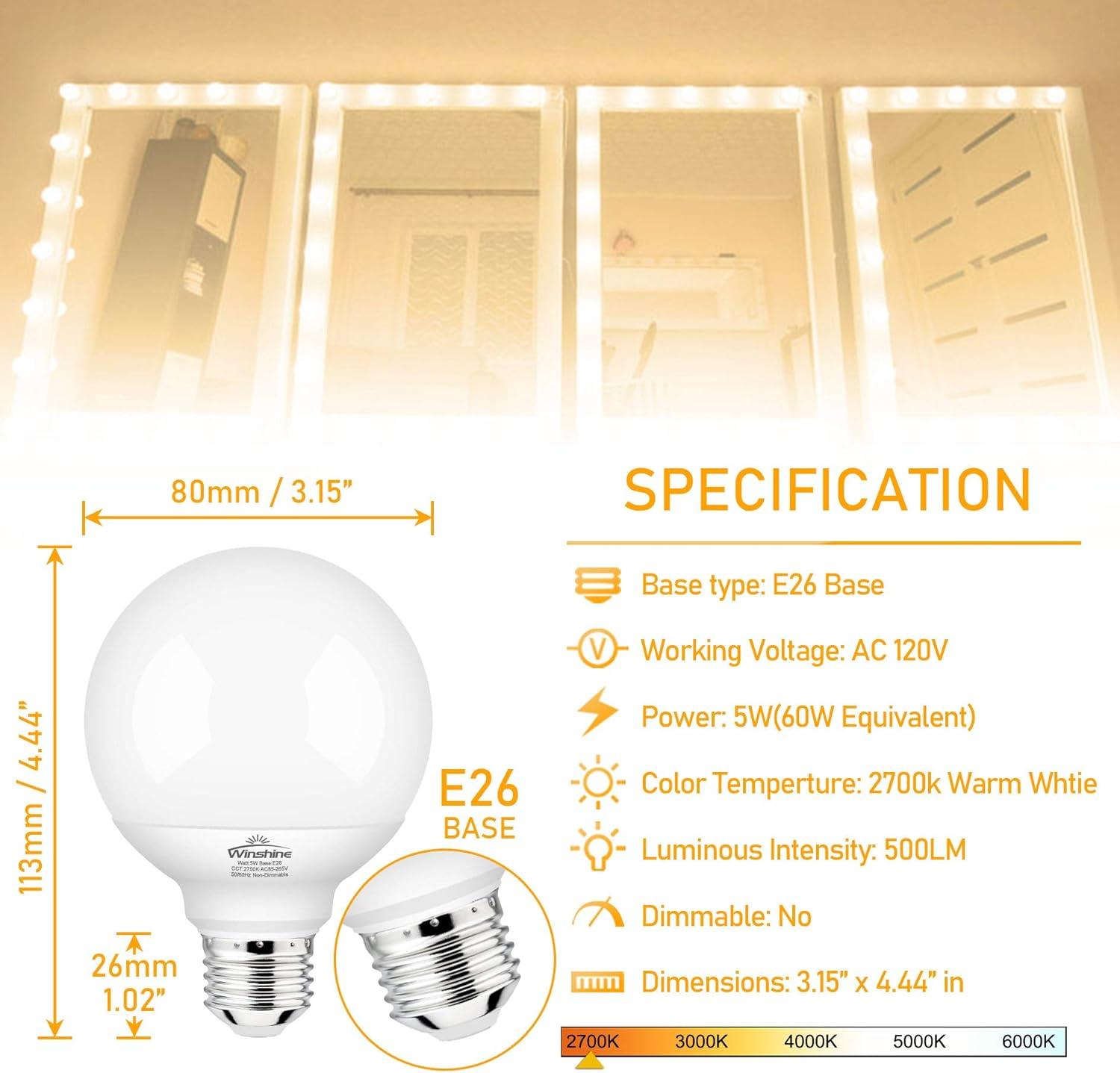 Hansang White G25 LED Globe Light Bulbs, 60W Equivalent