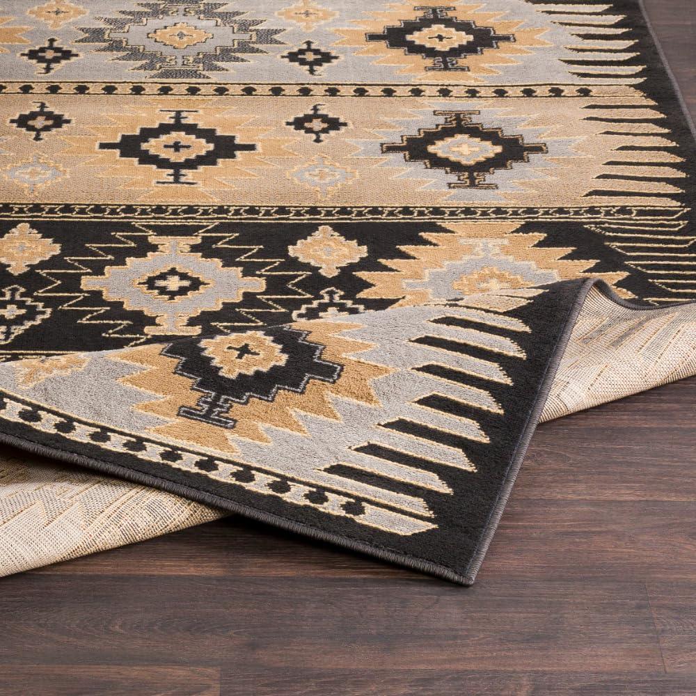 Greige and Black Synthetic Southwest Print Rectangular Area Rug
