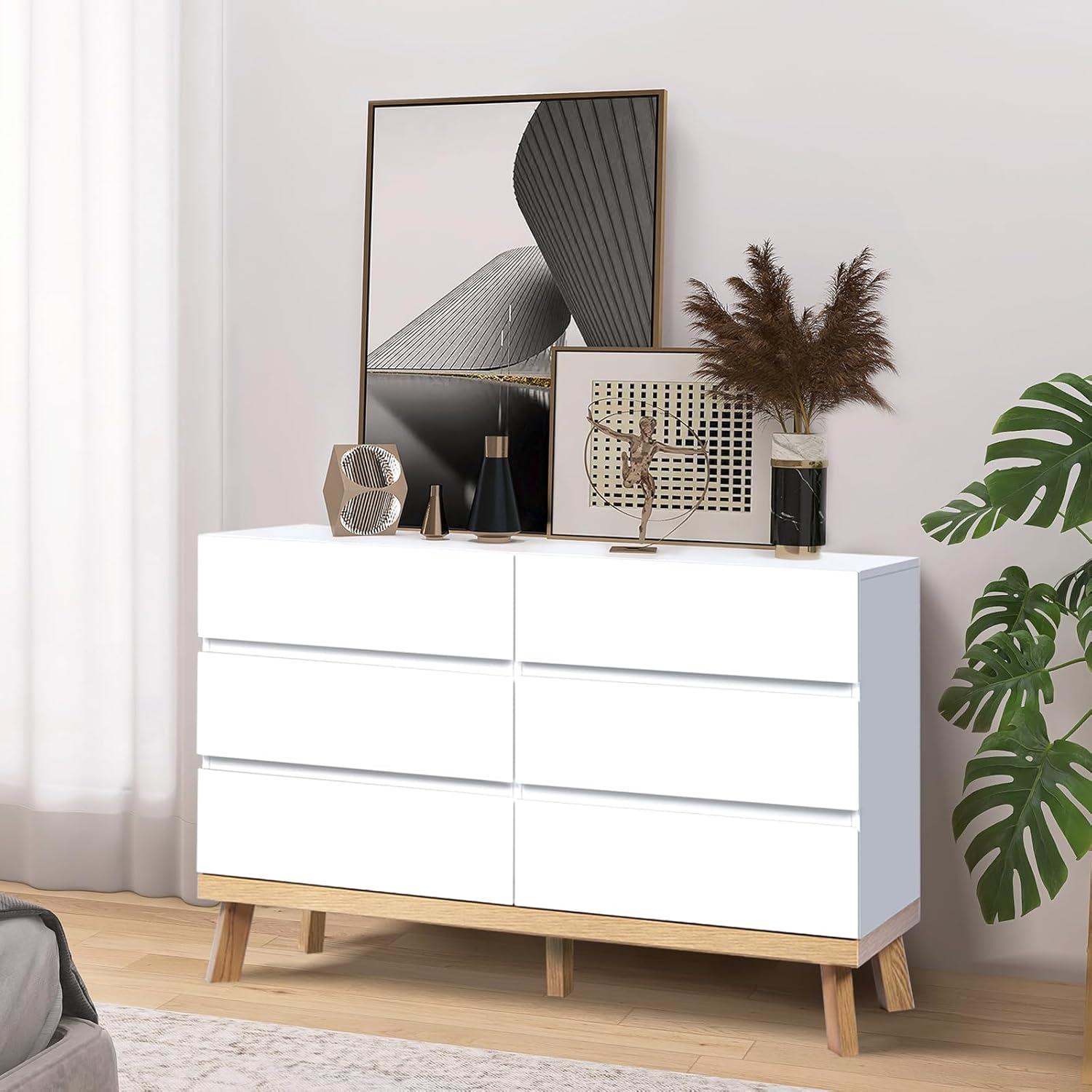 YIGOBUY White Dresser for Bedroom 6 Drawer Double Dresser Chest of Drawers Large Storage Cabinet Wooden Dresser for Bedroom, Living Room, Hallway (White)