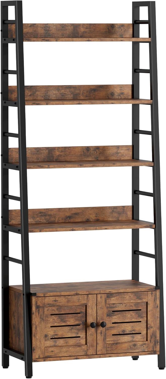 IRONCK Bookshelf with Louvered Doors, 4 Shelves Ladder Shelf with Cabinet Rustic Brown