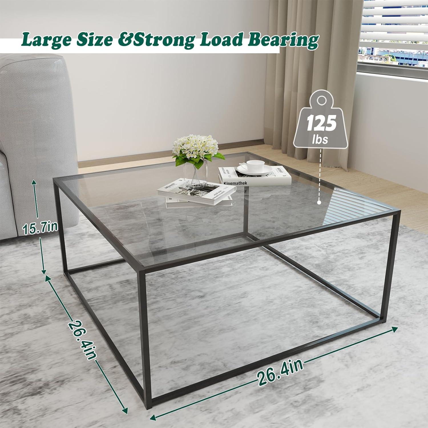 Modern Square Tempered Glass Coffee Table with Black Metal Frame